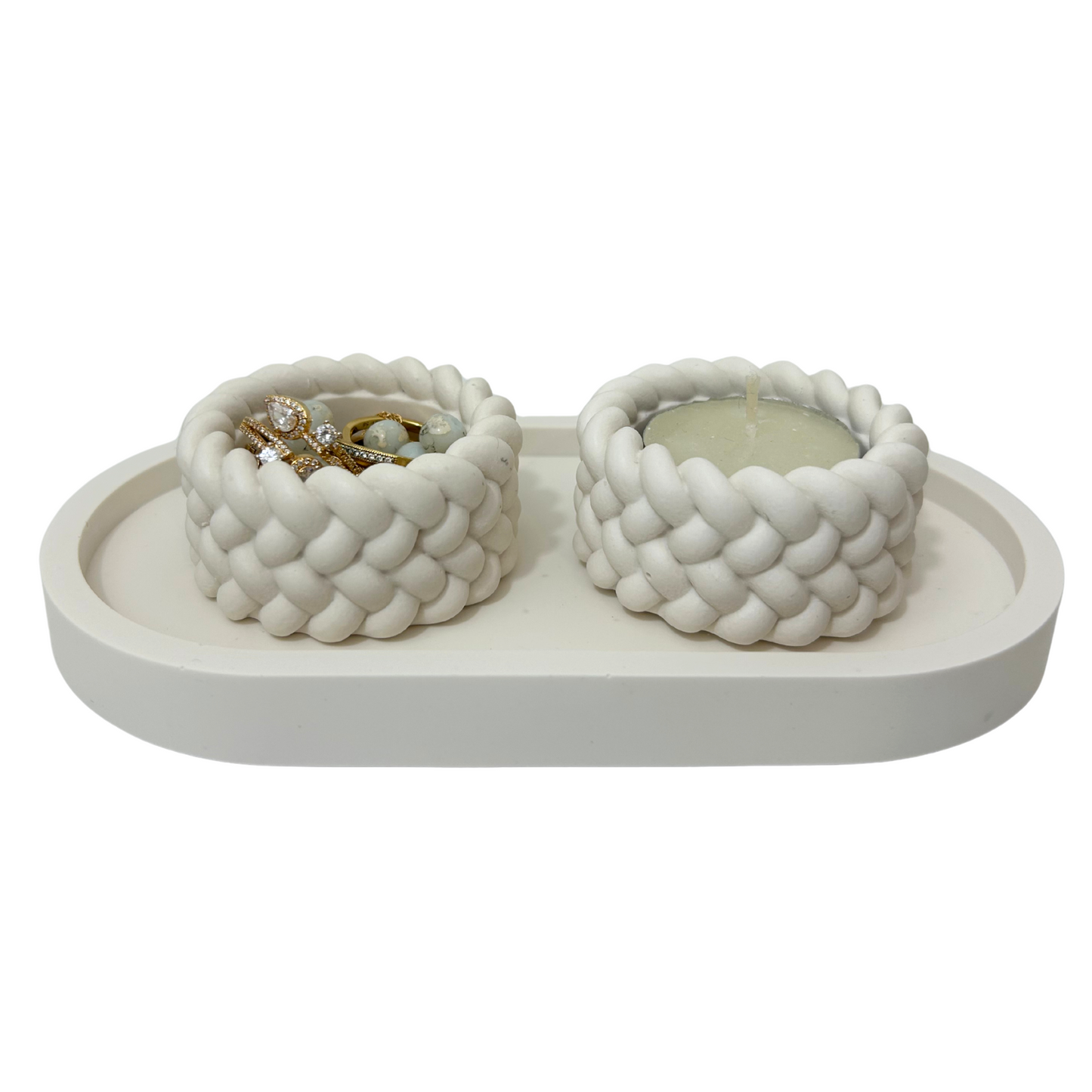 White woven jesmonite trinket jewelry holder on a matching tray with a white background