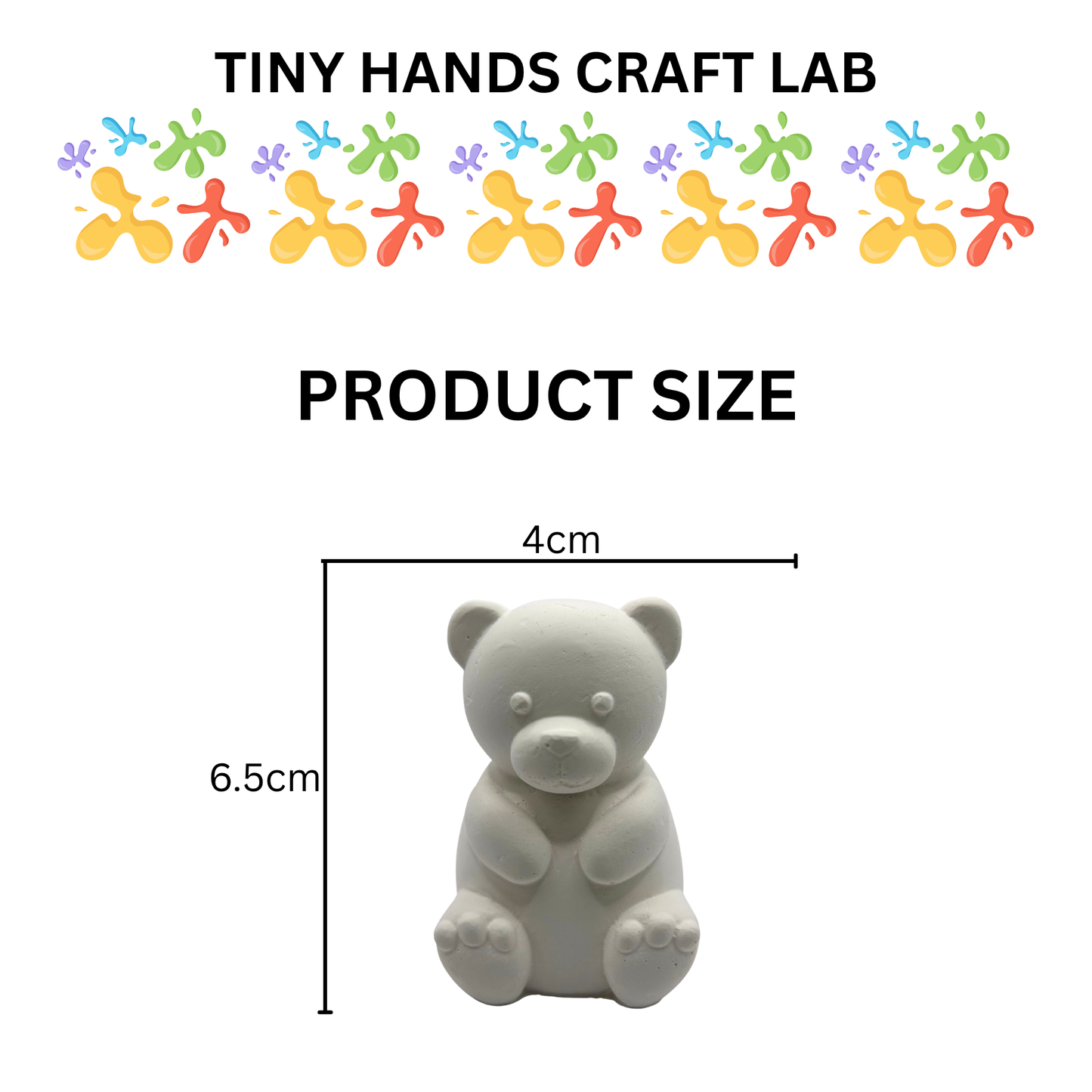 Product size measurement of a bear-shaped item with 'Tiny Hands Craft Lab' branding above.
