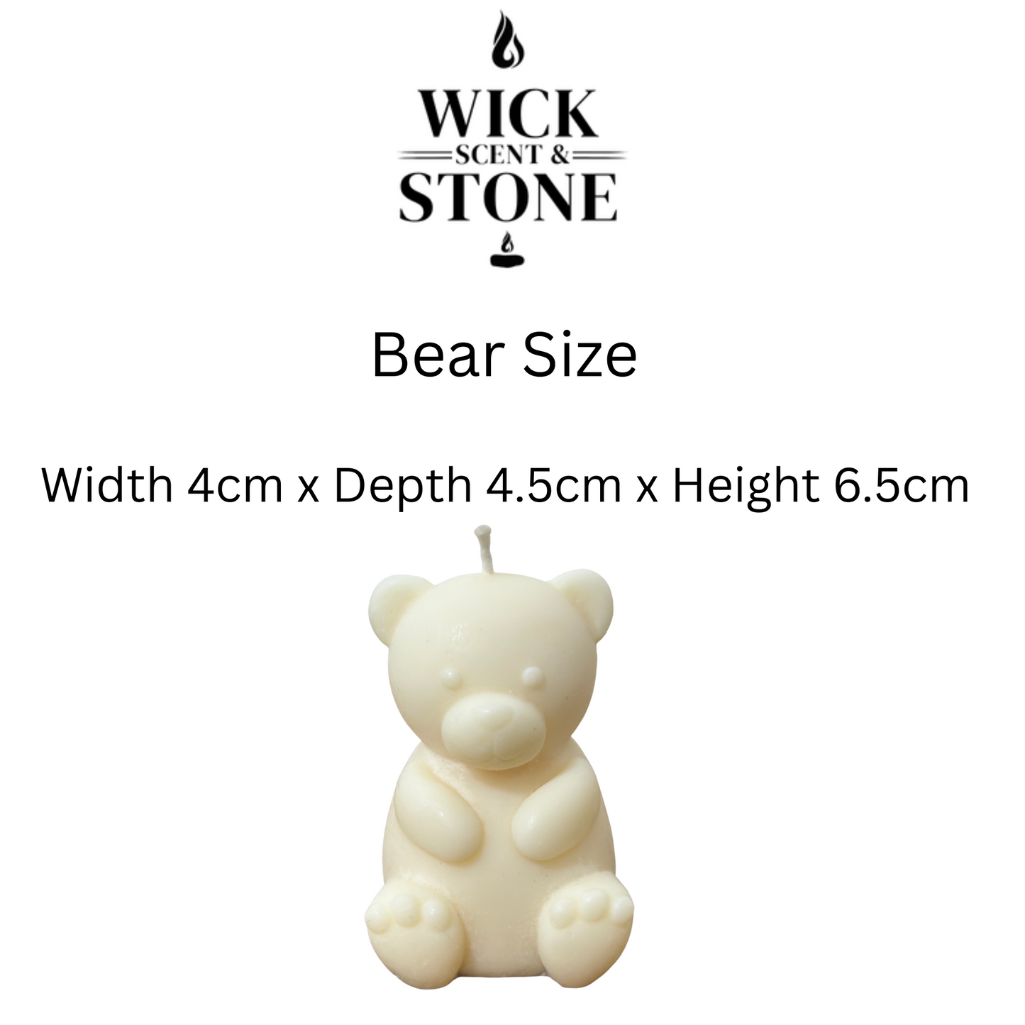 Bear-shaped candle with dimensions and Wick Scent Stone branding on a white background