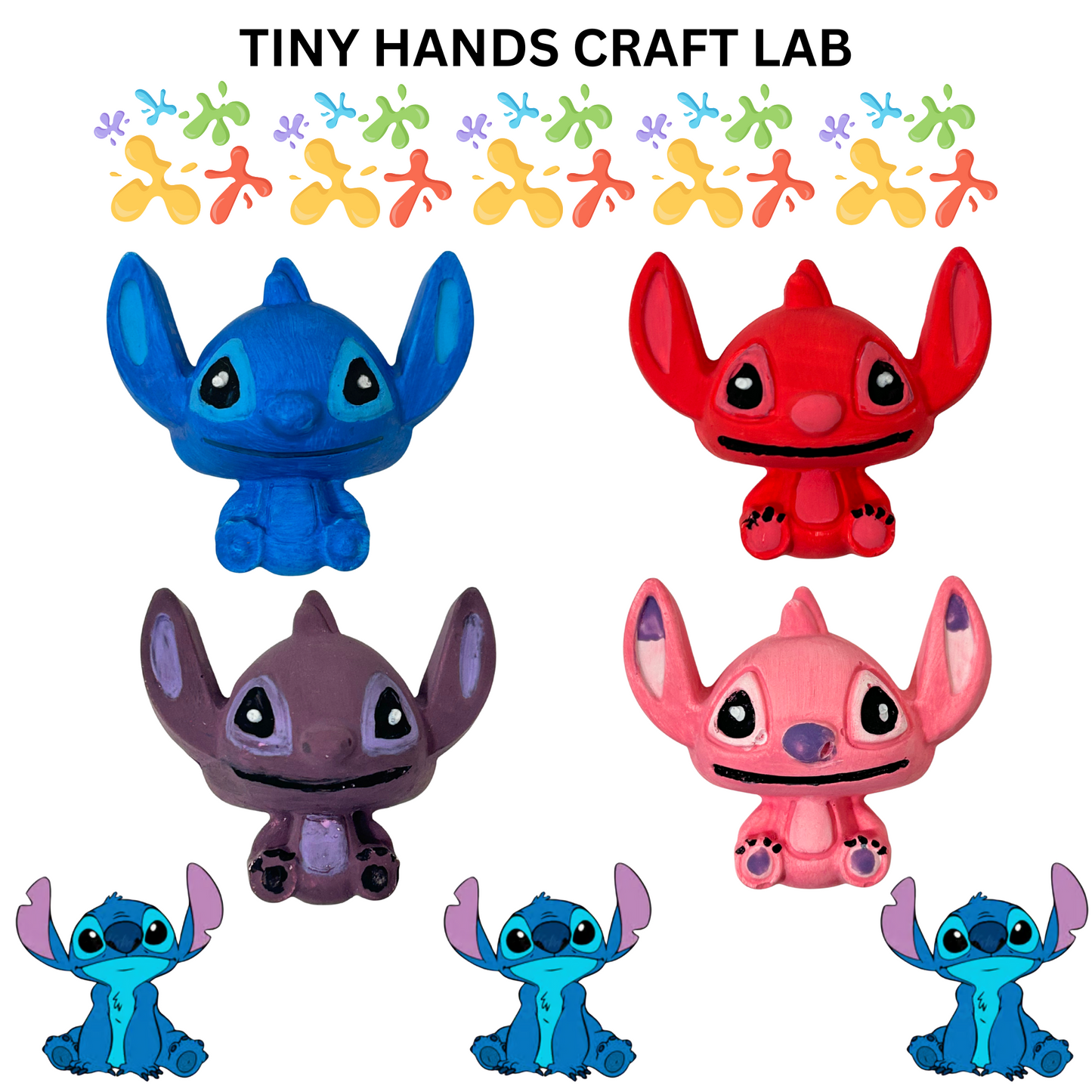 Colorful toy figures resembling a character from 'Lilo & Stitch' with 'Tiny Hands Craft Lab' branding above.