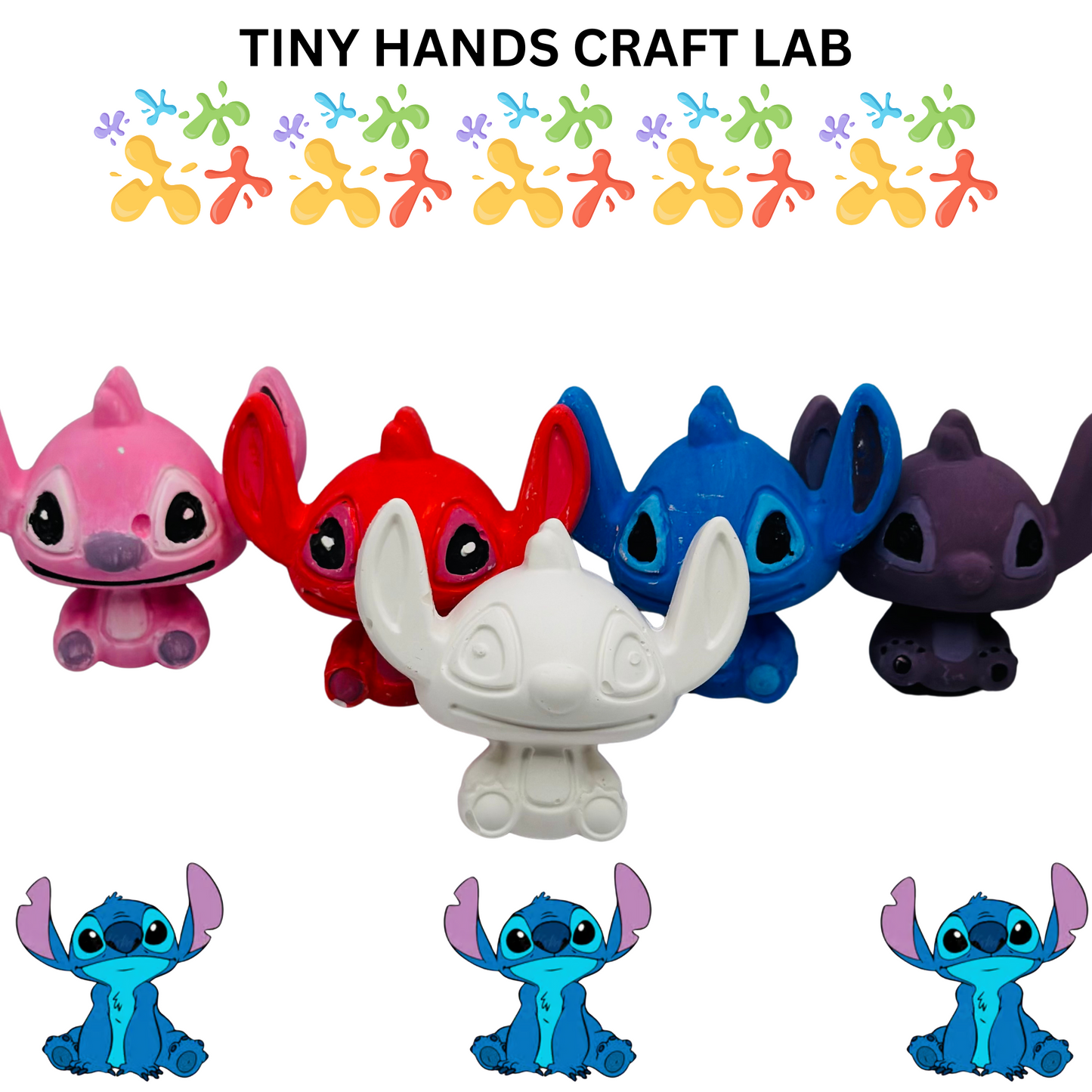 Colorful toy figures with 'Tiny Hands Craft Lab' branding on a white background