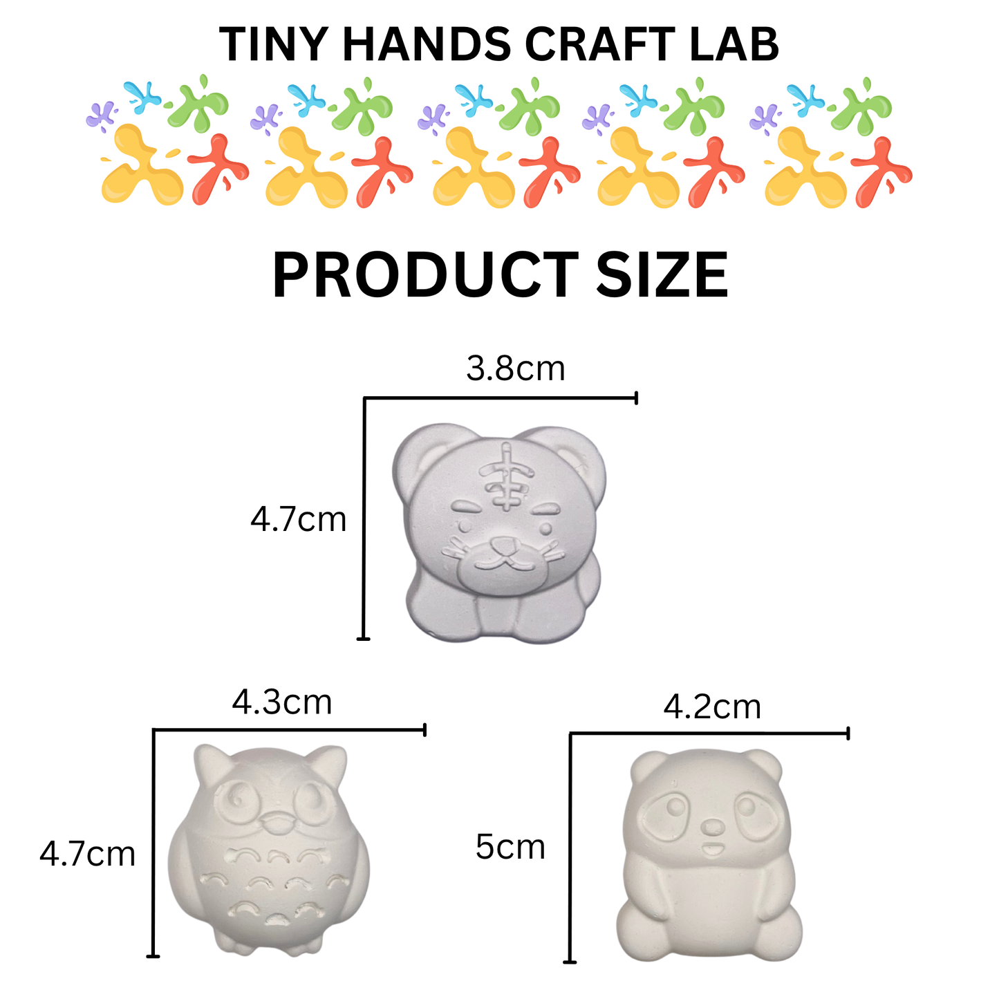 Product size chart for Tiny Hands Craft Lab with dimensions of ceramic animal figurines.