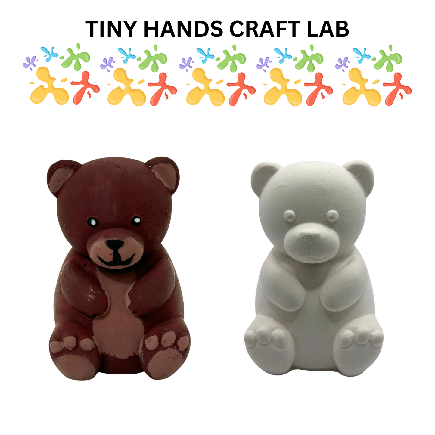 Two bear figurines, one brown and one white, with 'Tiny Hands Craft Lab' branding above.