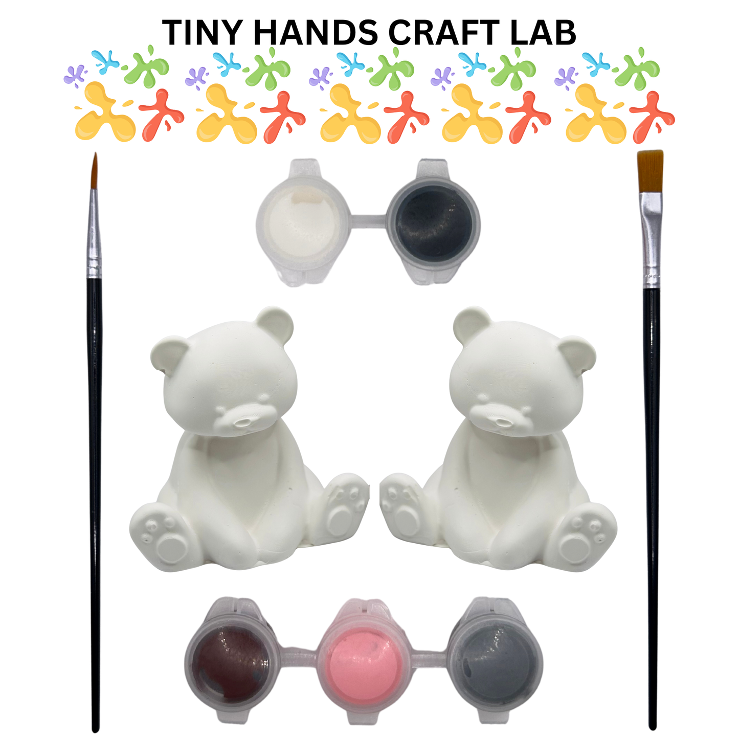 Craft kit with two white bear figures, paintbrushes, and paint containers labeled 'Tiny Hands Craft Lab'.