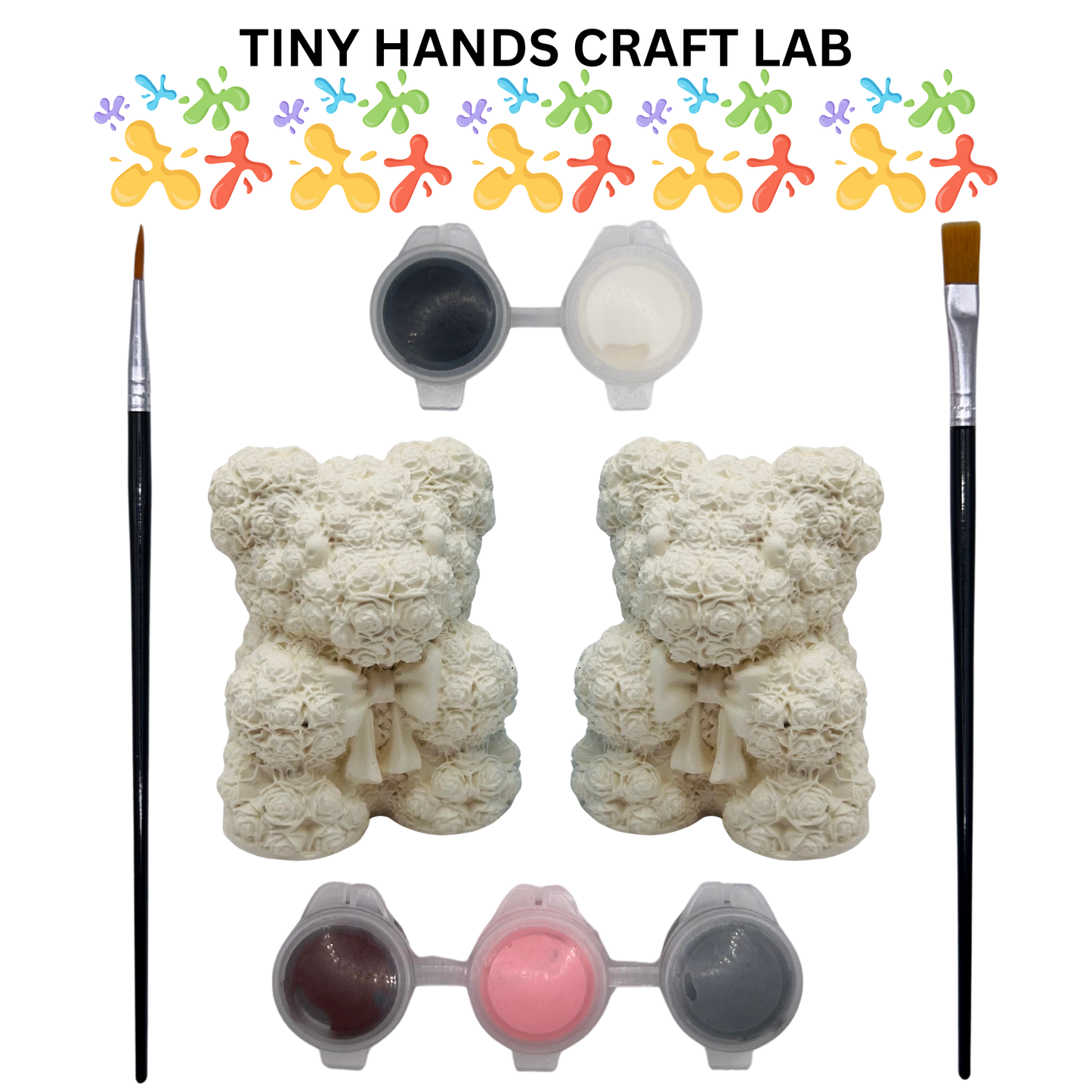 Craft materials including two white bear-shaped objects, paintbrushes, and paint containers with colors on a white background. Brand 'Tiny Hands Craft Lab' is visible.