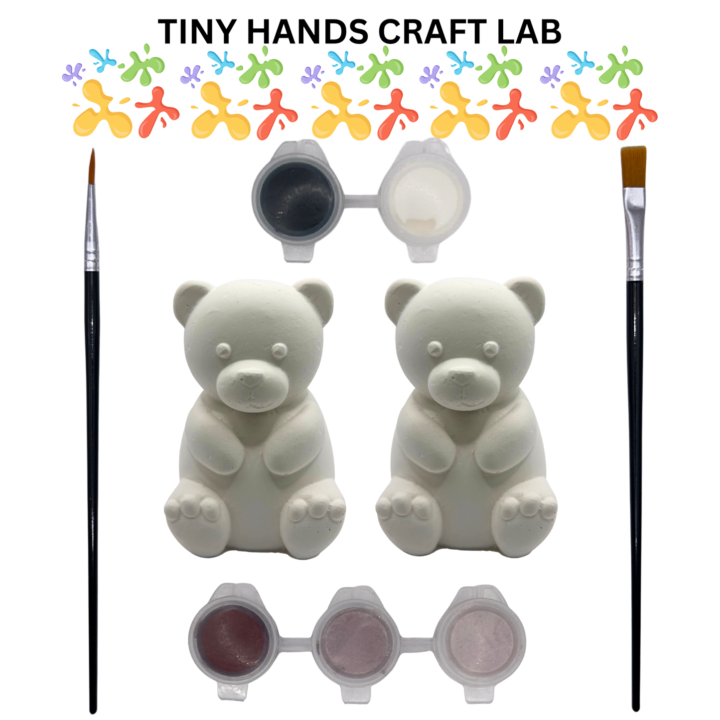 Two white bear-shaped craft items with paintbrushes and paint on a white background, branded 'Tiny Hands Craft Lab'.