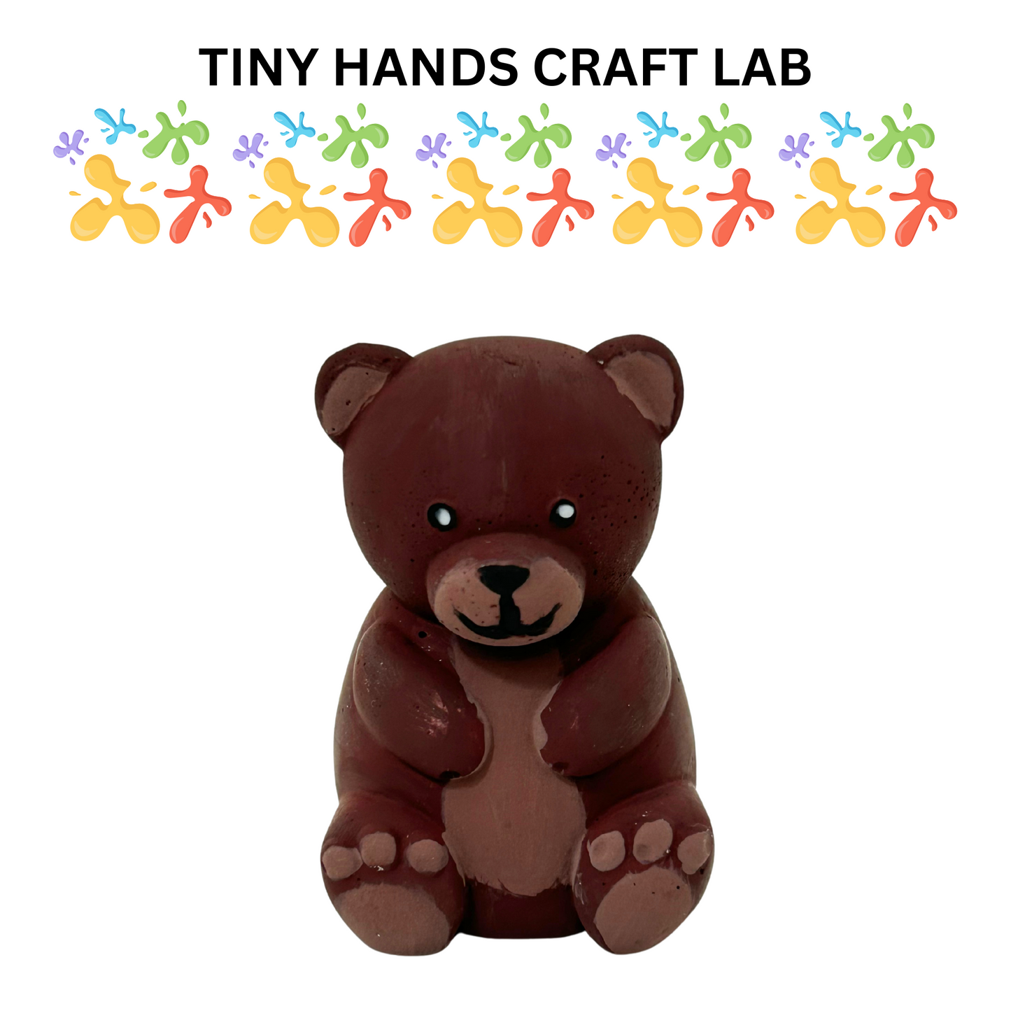 Brown teddy bear figurine with 'Tiny Hands Craft Lab' branding above on a white background