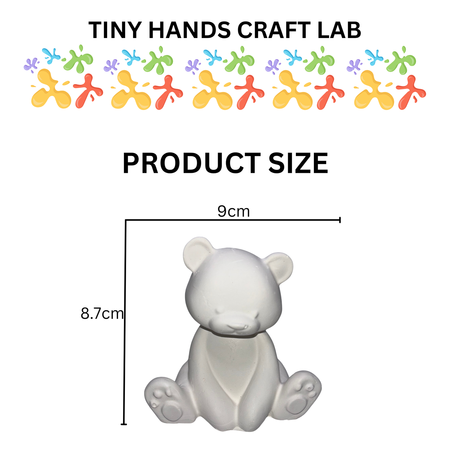 Product size measurement of a white bear figurine with 'Tiny Hands Craft Lab' branding above.