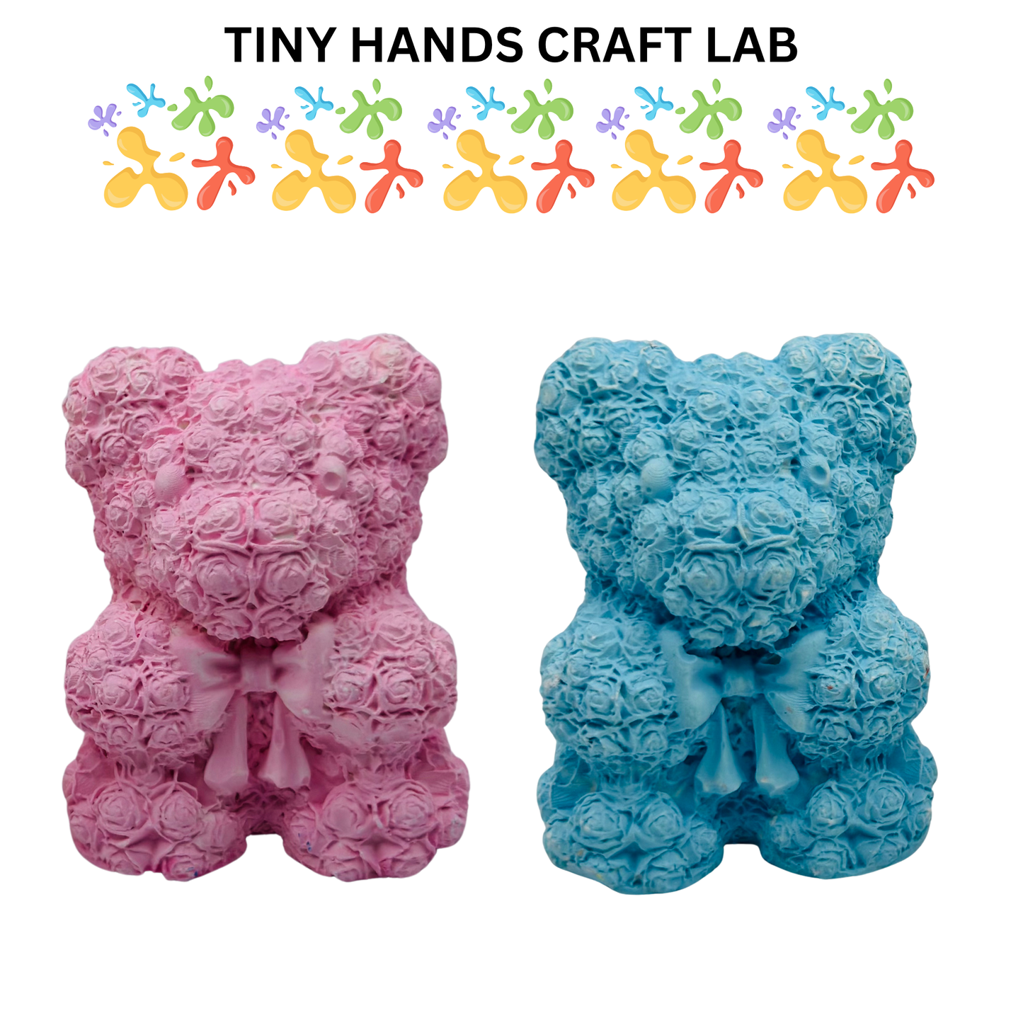 Pink and blue teddy bear-shaped crafts with 'Tiny Hands Craft Lab' branding above.