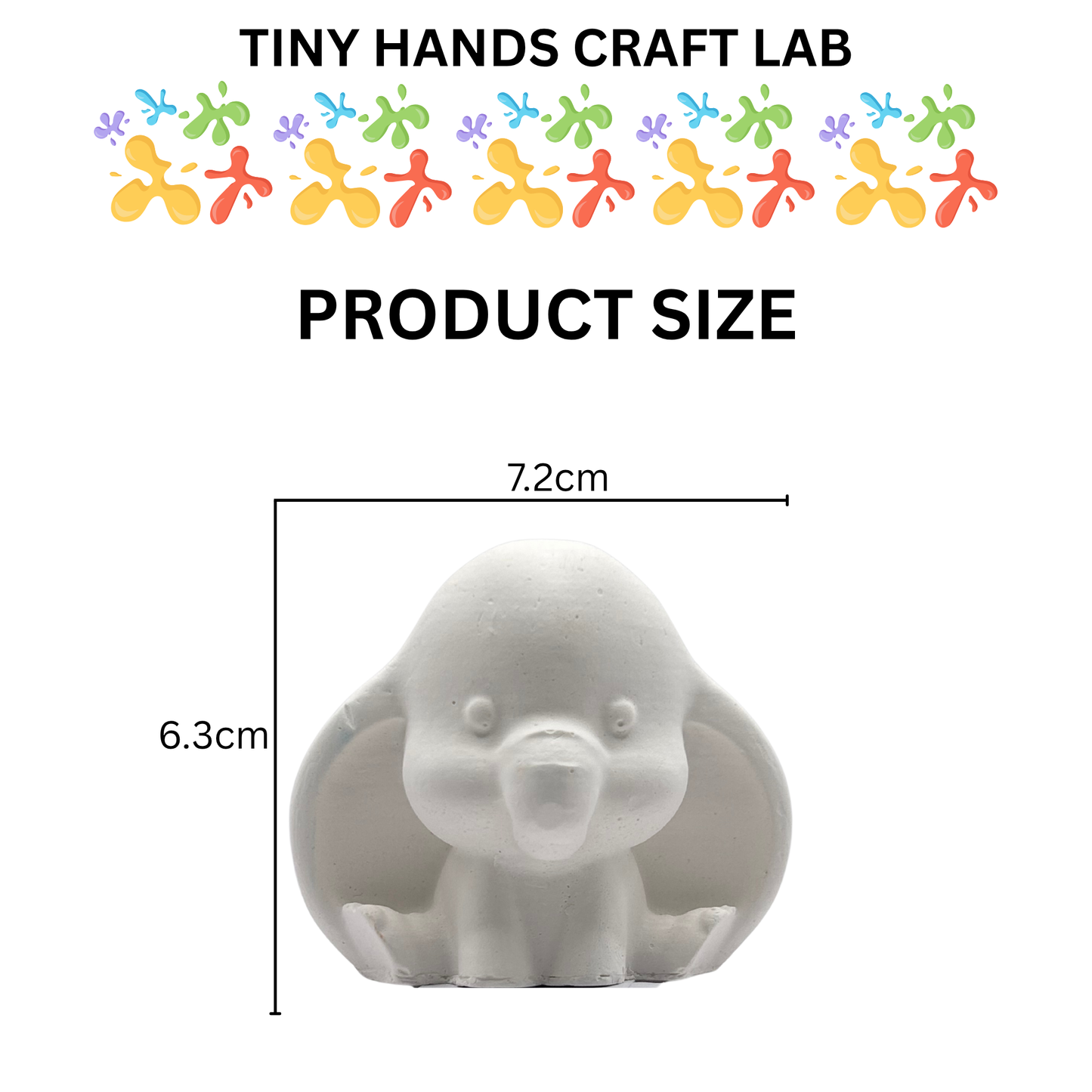 Product size measurement of a small dumbo the elephant figurines with 'Tiny Hands Craft Lab' branding.