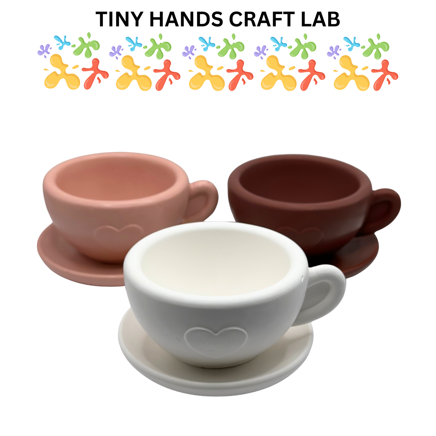 Three ceramic cups with saucers from Tiny Hands Craft Lab on a white background.