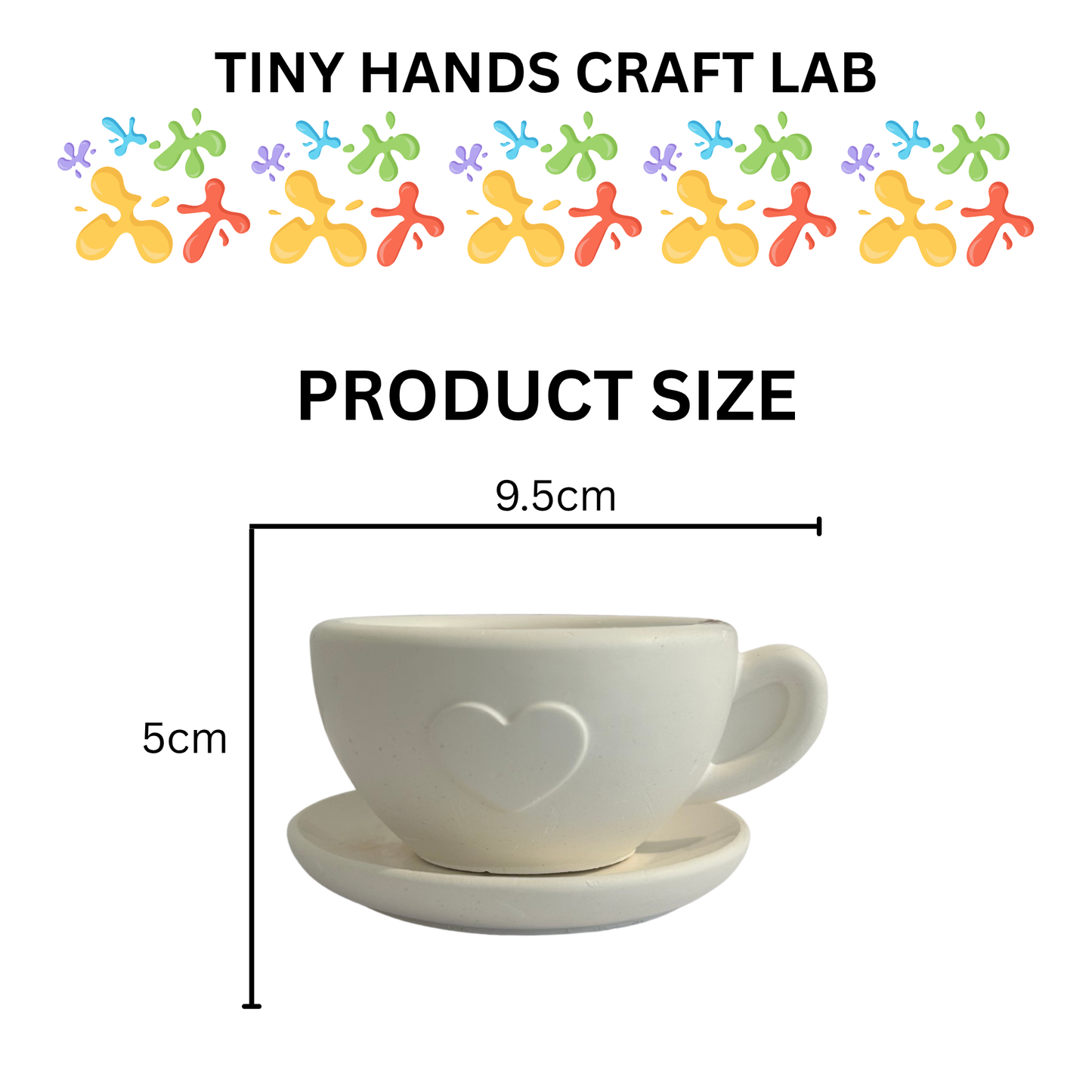 White cup and saucer with heart design, labeled 'Tiny Hands Craft Lab' and product size measurements.