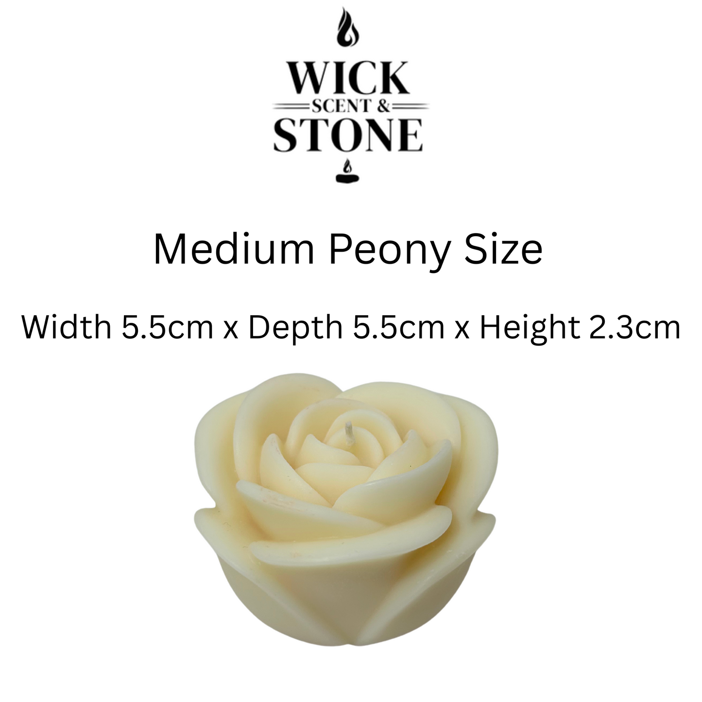 White rose with 'Wick Scent & Stone' branding and product dimensions on a white background