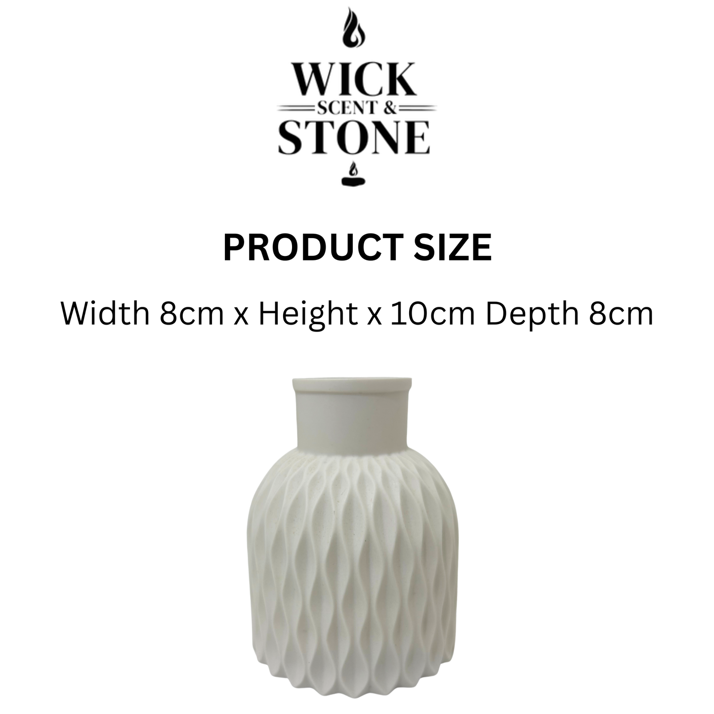 White textured geometric vase with product size details and Wick Scent & Stone logo on a white background