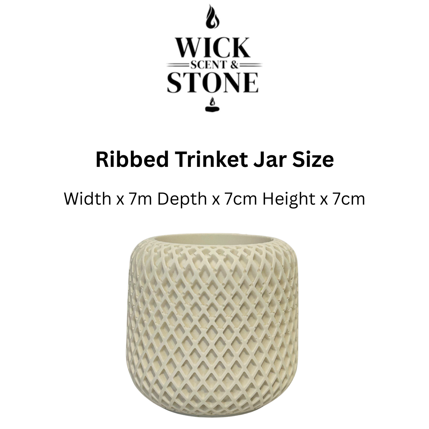 Geometric wide neck vase with dimensions and Wick Scent & Stone branding on a white background