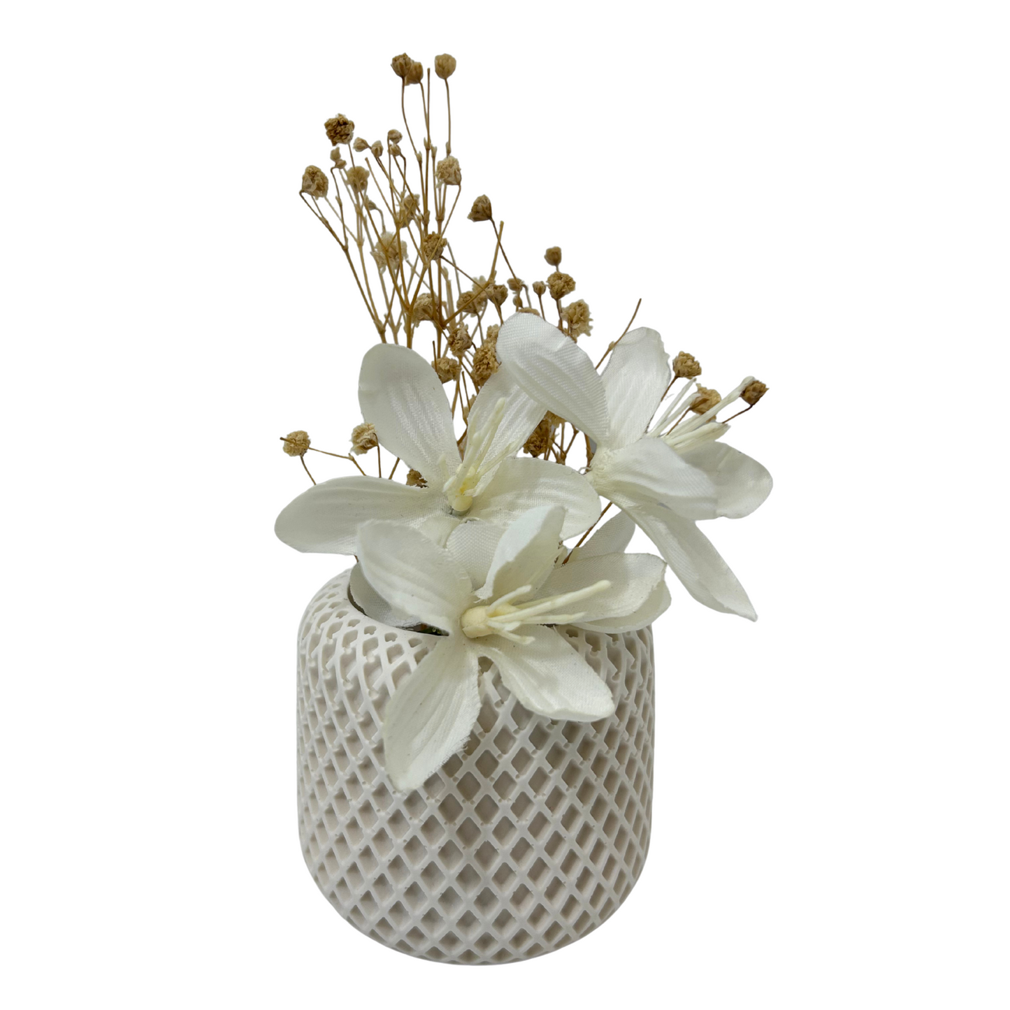 Decorative vase with white flowers and dried elements on a white background