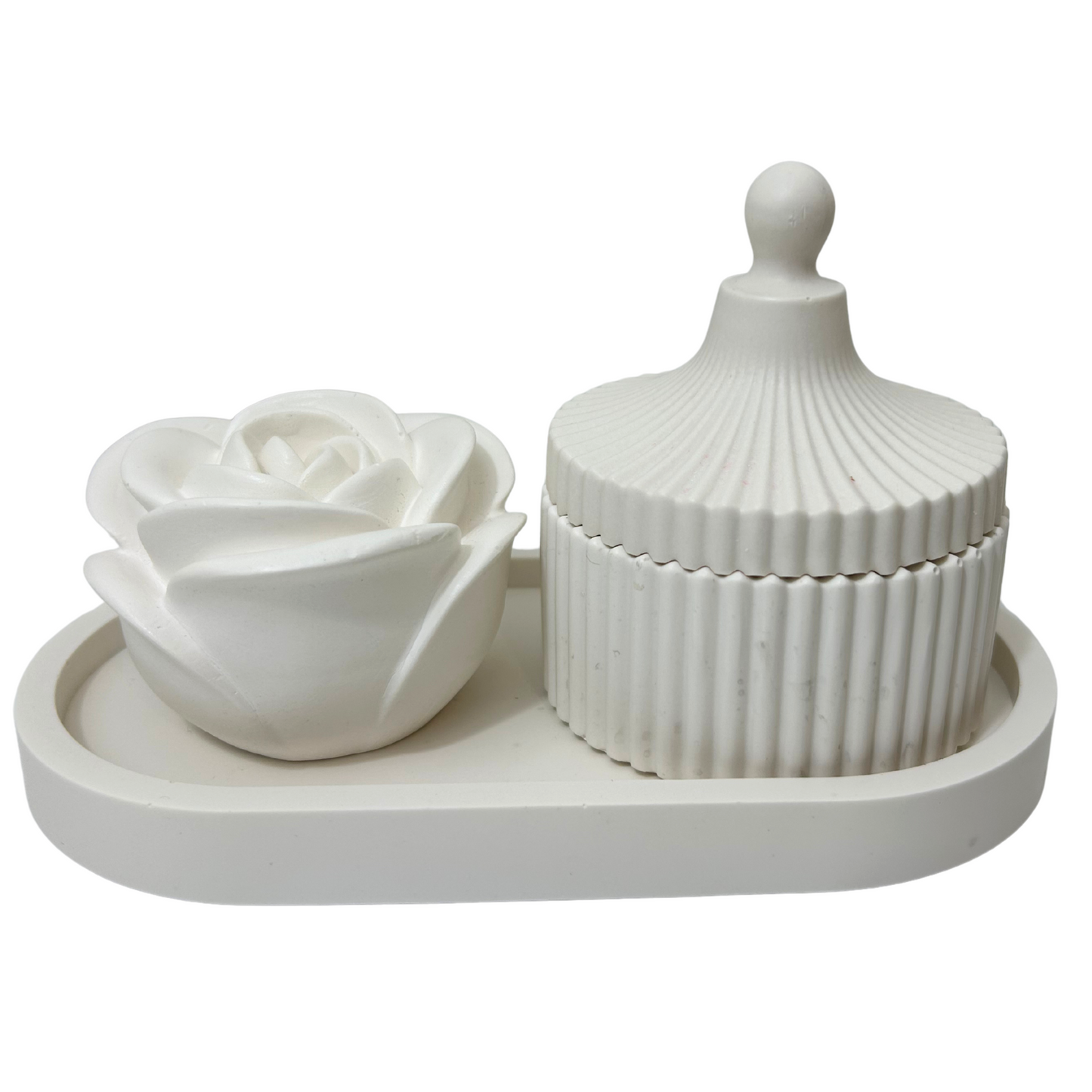 White Jesmonite rose and ribbed container on a matching tray