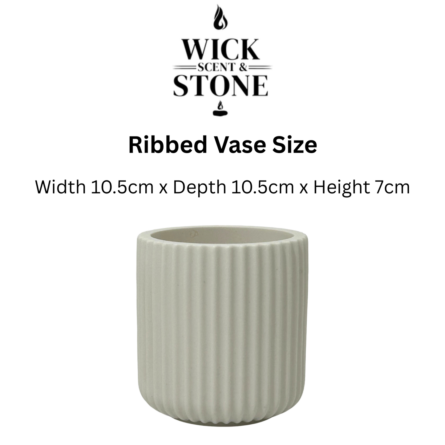 Ribbed vase with dimensions and Wick Scent & Stone branding on a white background