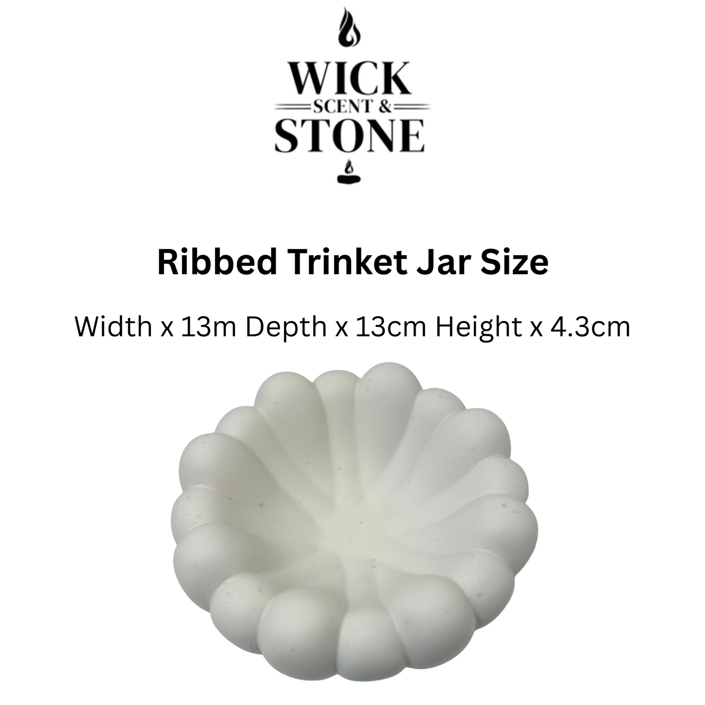 Jesmonite bubble bowl dtrinket dish with dimensions and Wick Scent & Stone branding on a white background