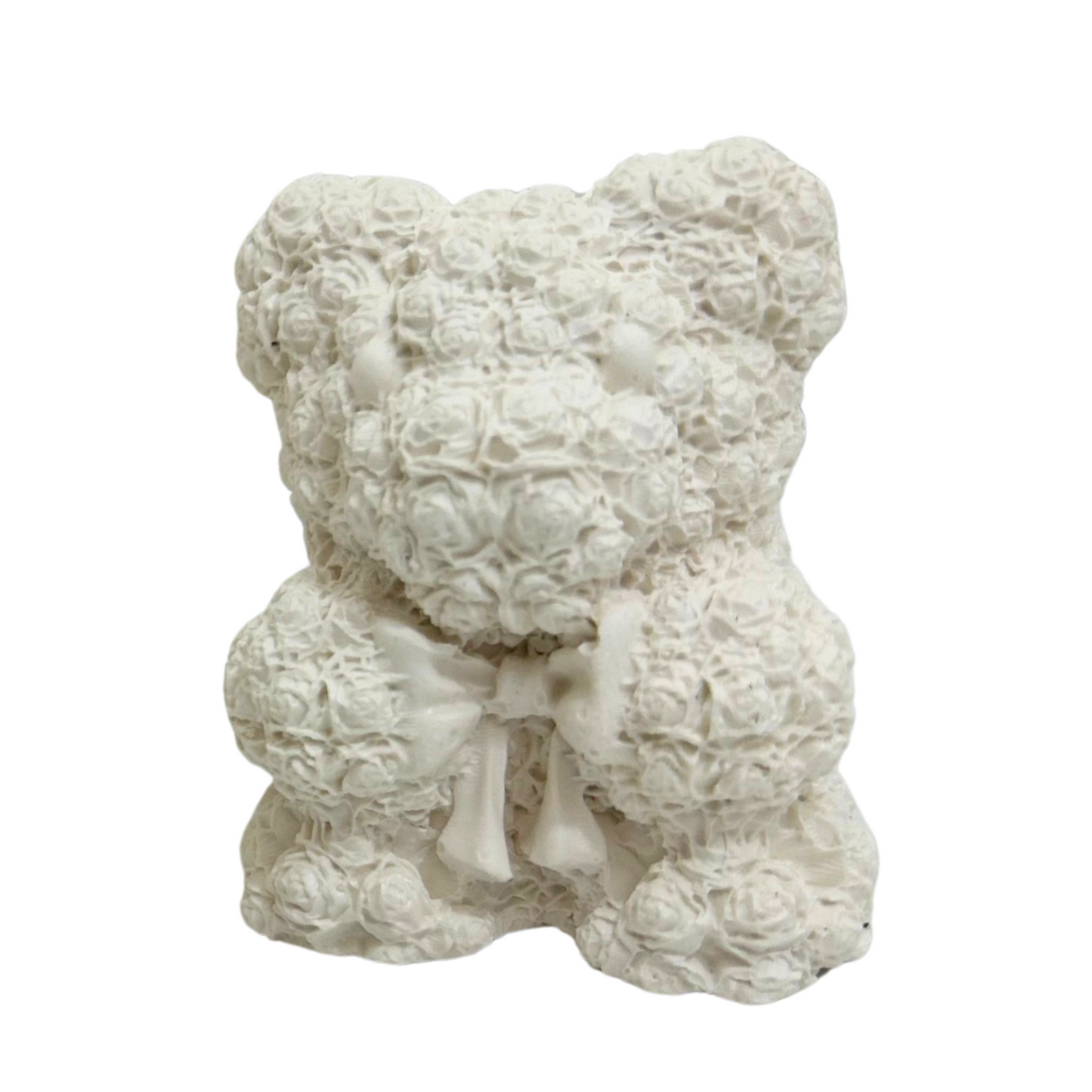 Jesmonite stone textured rose bear figurine on a white background