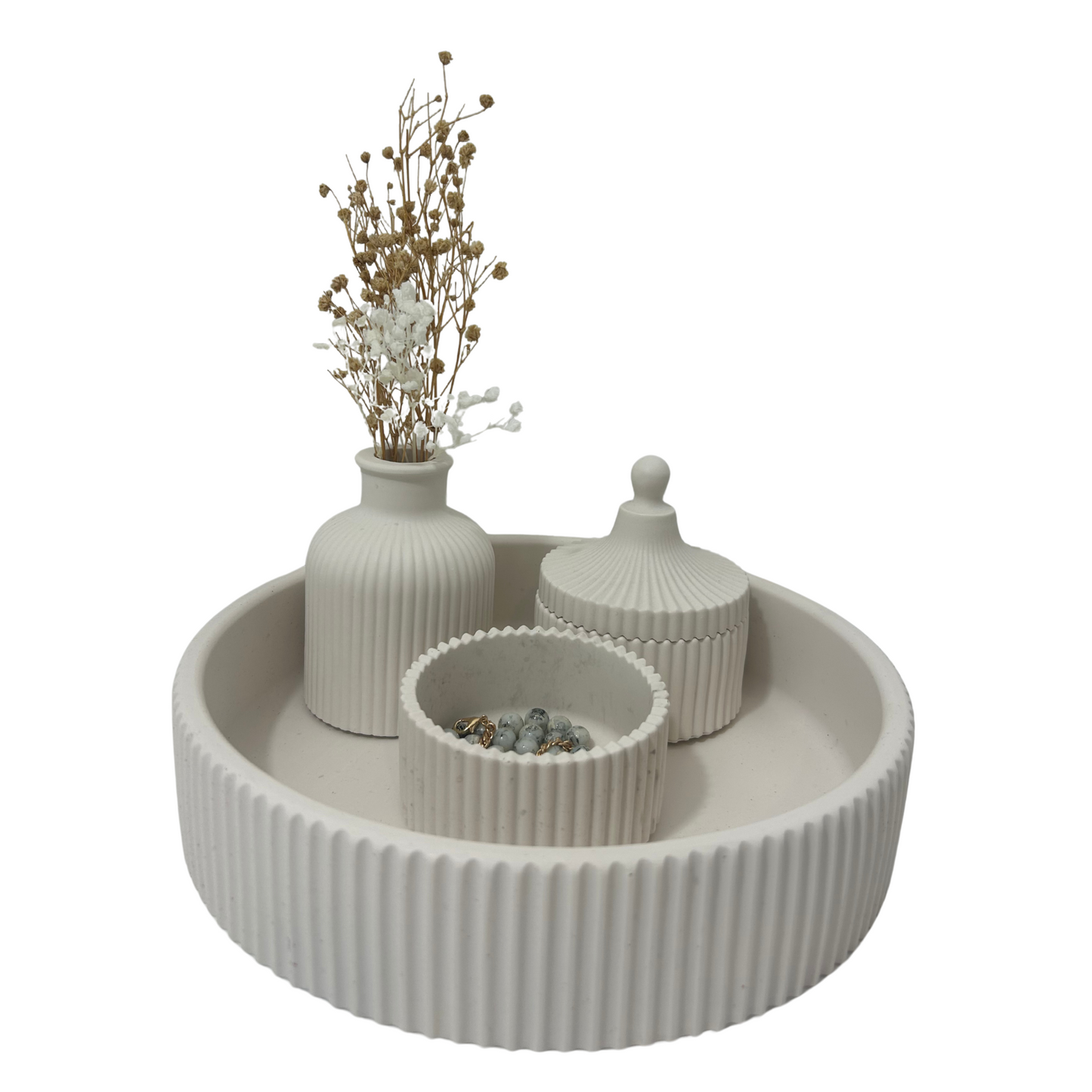Decorative set with jesmonite vases and a round tray on a white background