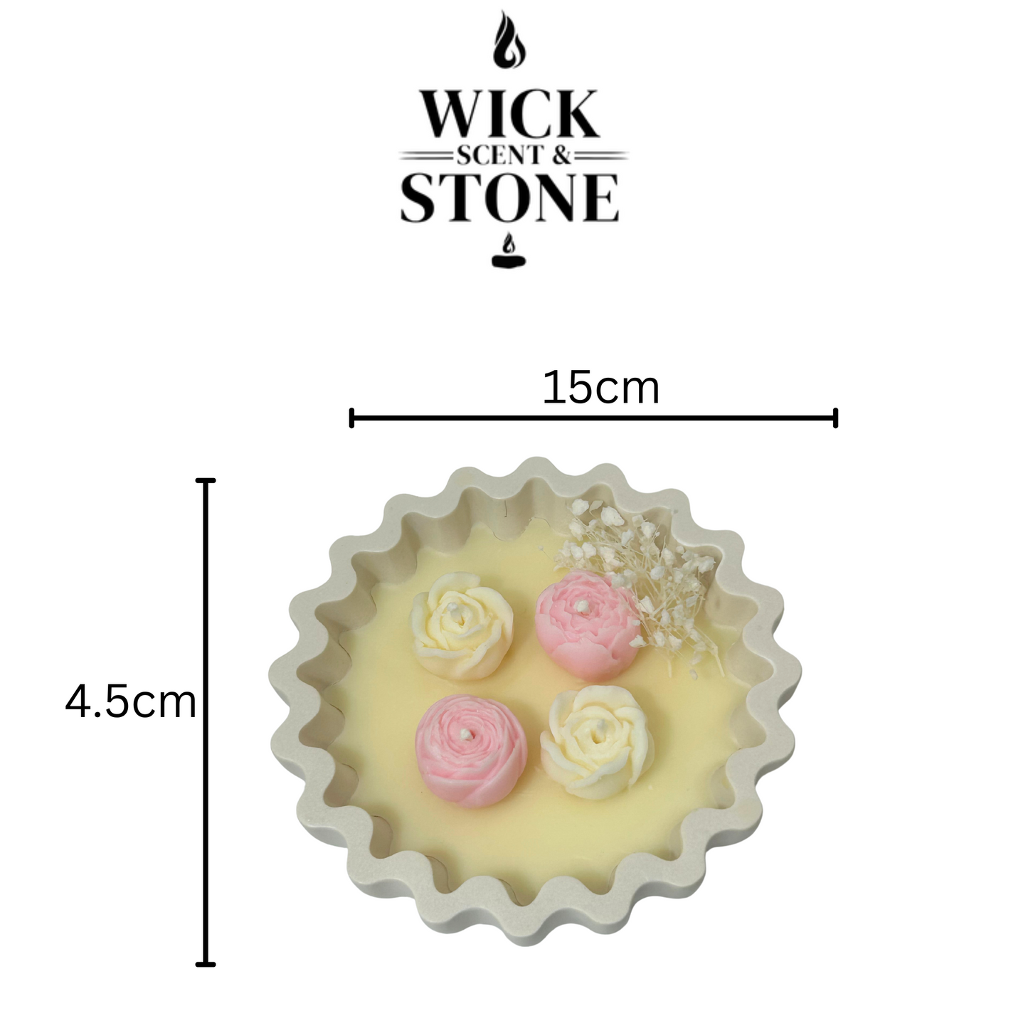 Wick Scent & Stone candle with floral design and measurements on a white background
