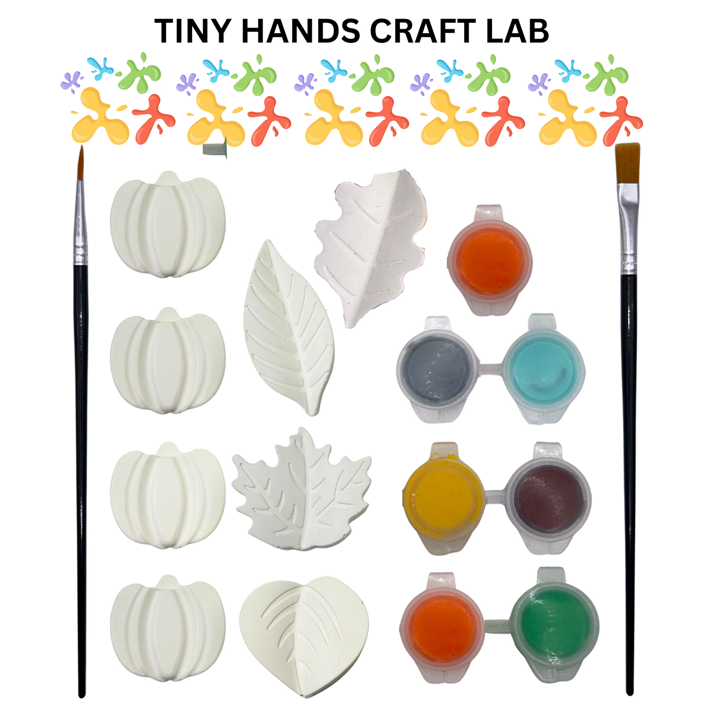 Craft supplies including leaf shapes, paint pots, and brushes with 'Tiny Hands Craft Lab' branding.