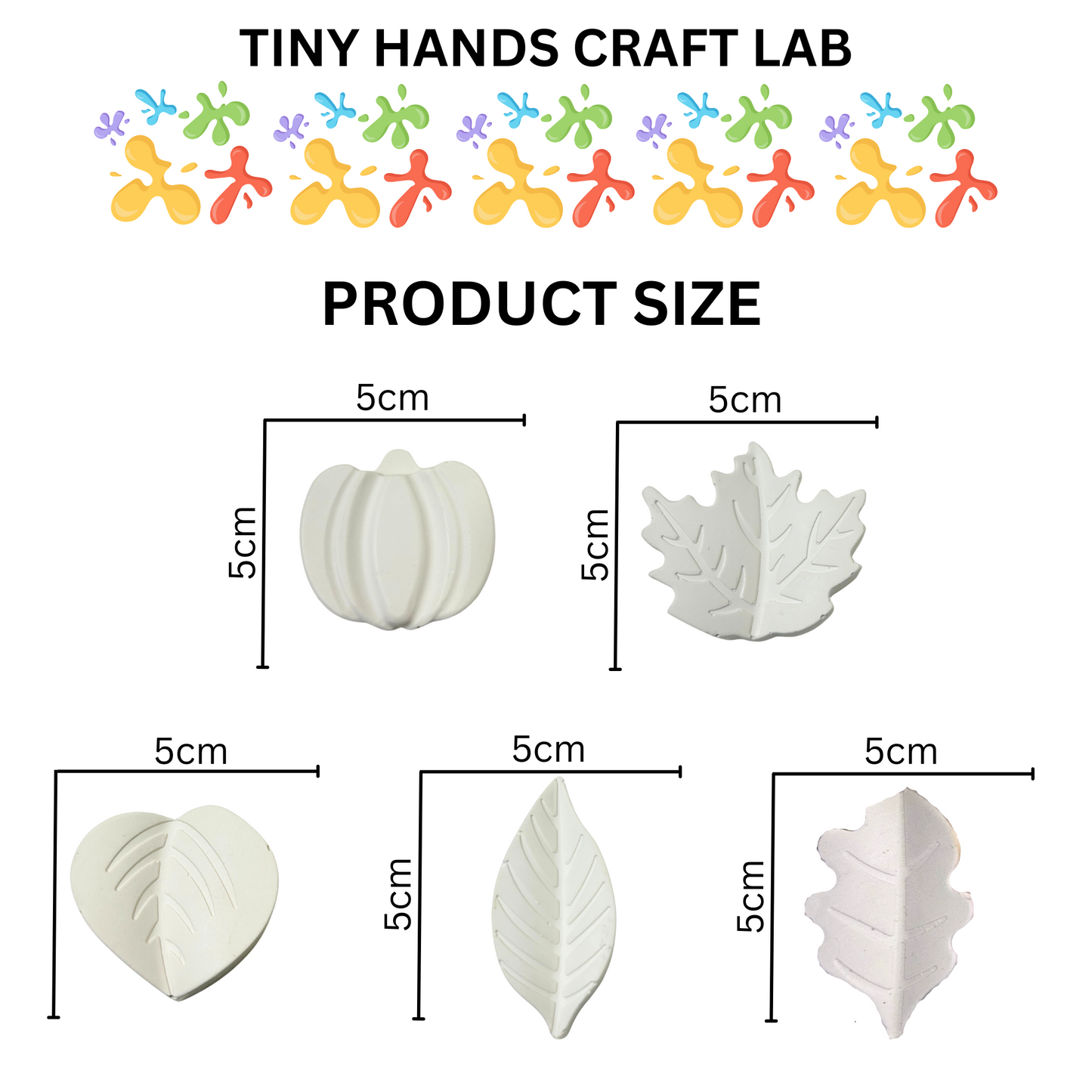 Product size chart for leaf-shaped molds from Tiny Hands Craft Lab