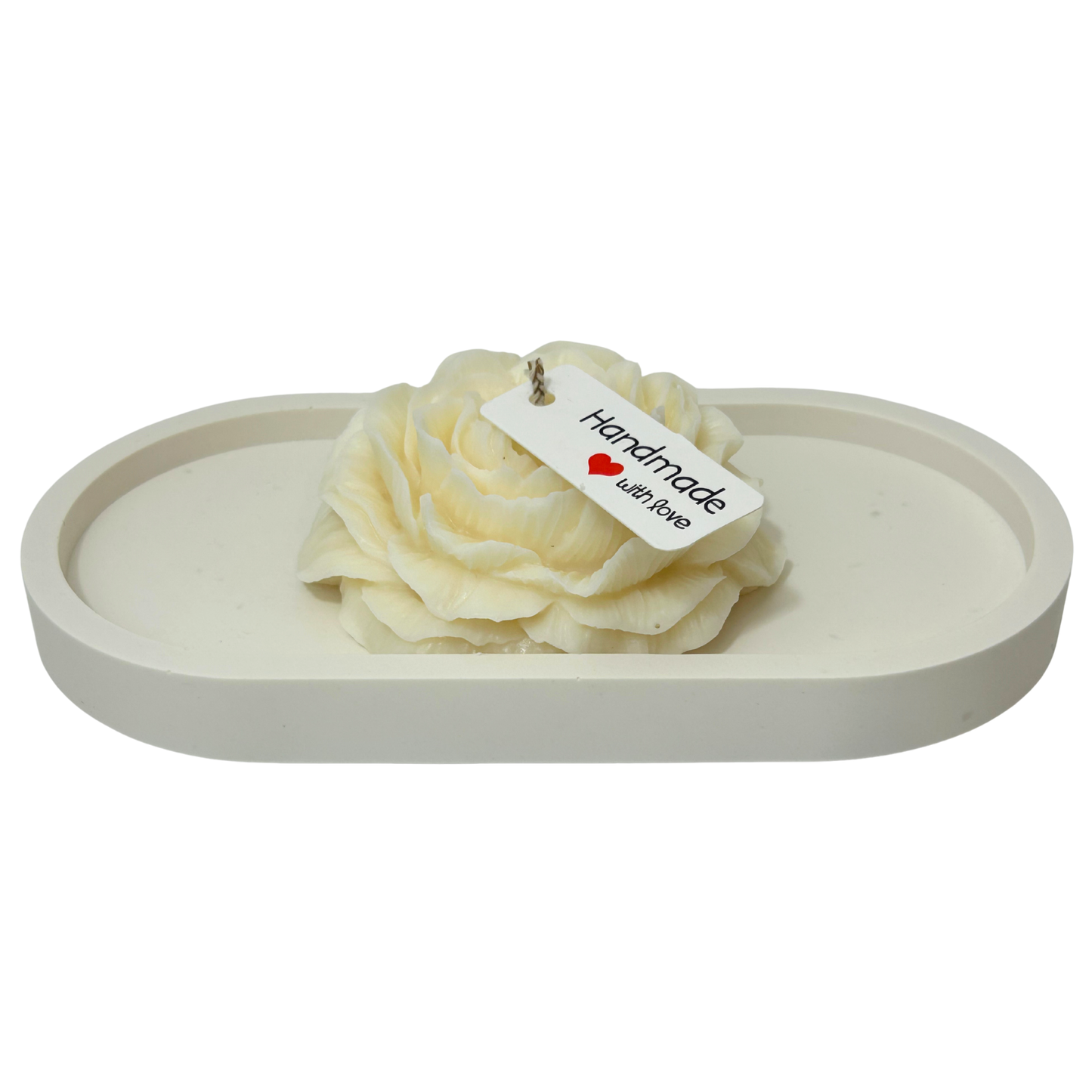 White candle peony flower on a white tray with a 'Handmade with Love' tag.