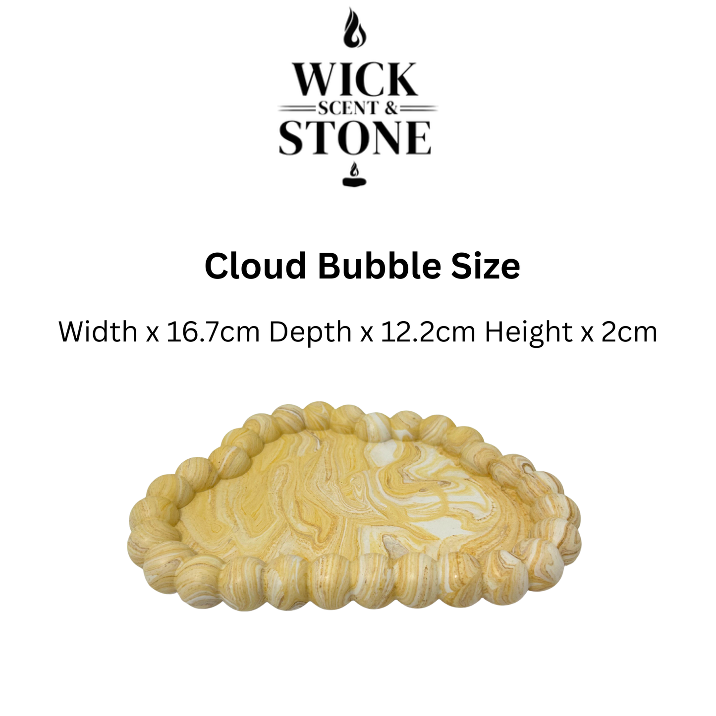 Wick Scent & Stone cloud bubble with dimensions on a white background