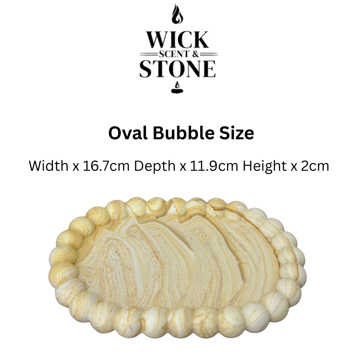 Oval bubble dish tray with dimensions and Wick Scent & Stone branding on a white backgrounds