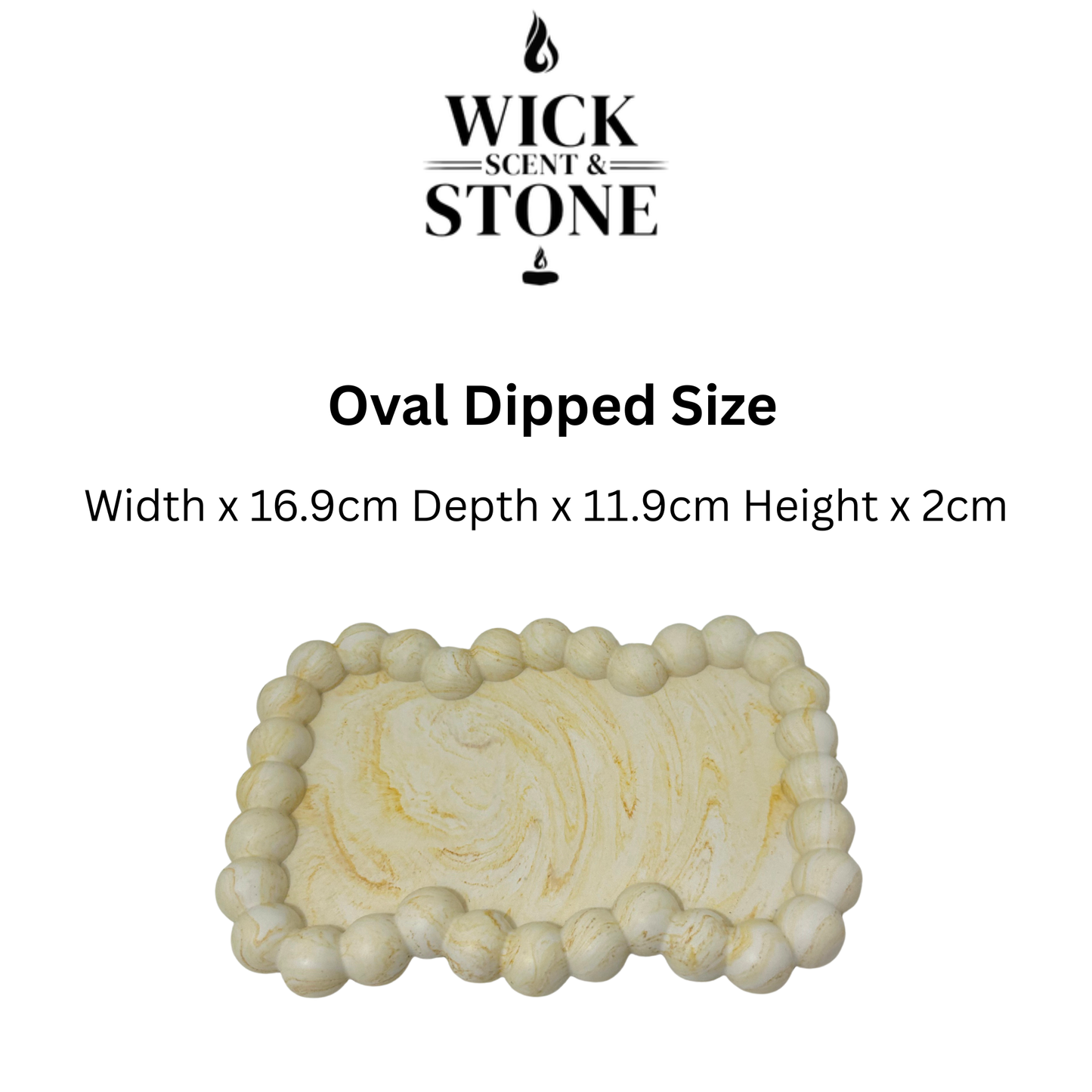 Wick Scent & Stone oval dipped size product with dimensions on a white background