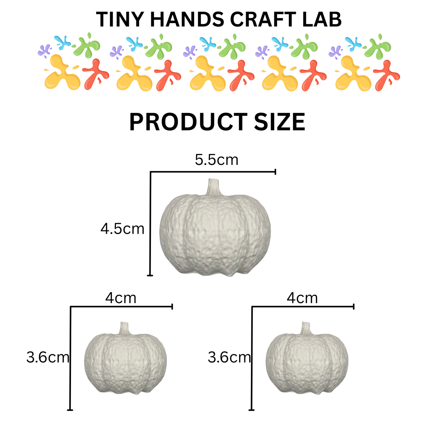 Measurement chart for Tiny Hands Craft Lab product sizes with pumpkins.