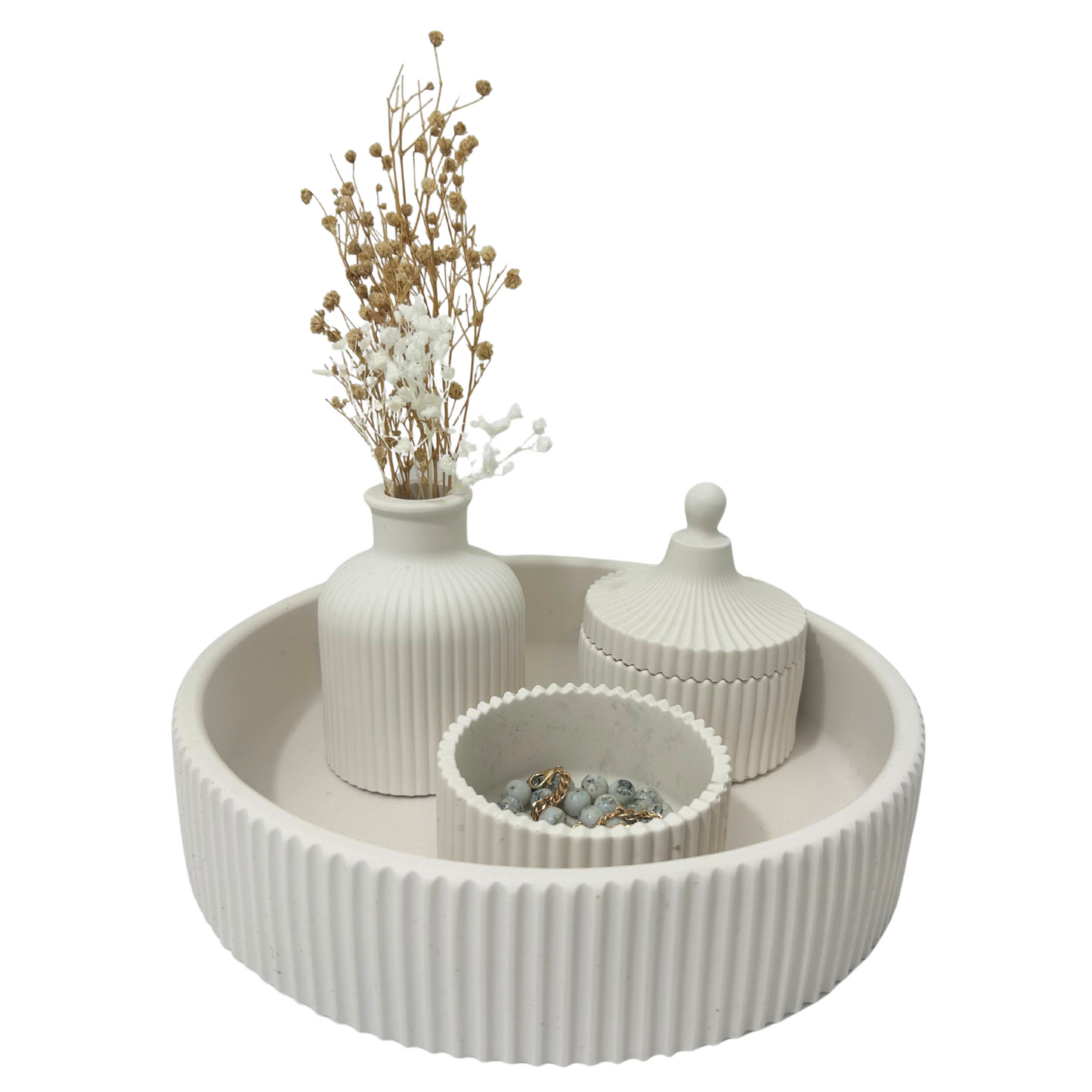 Jesmonite tray with decorative vases and a small bowl on a white background