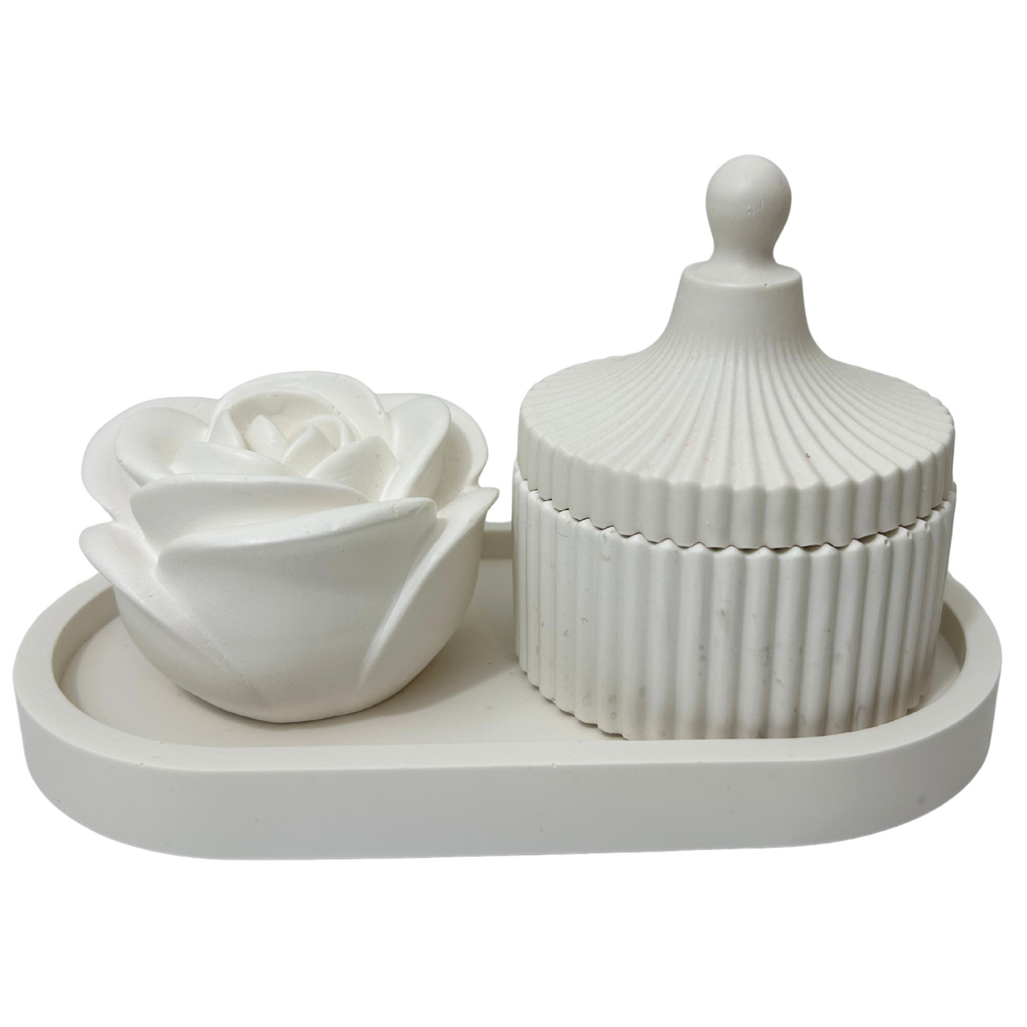 Jesmonite stone rose and ribbed container on a Jesmonite tray