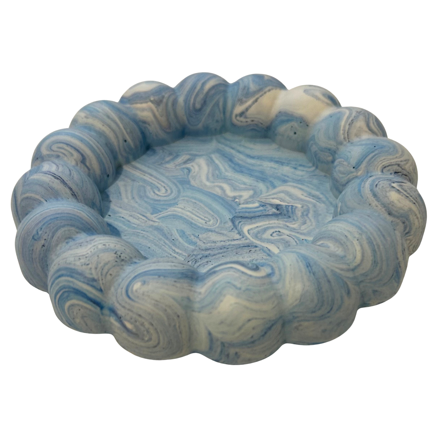 Marble-patterned dish tray with blue and white swirls on a white background