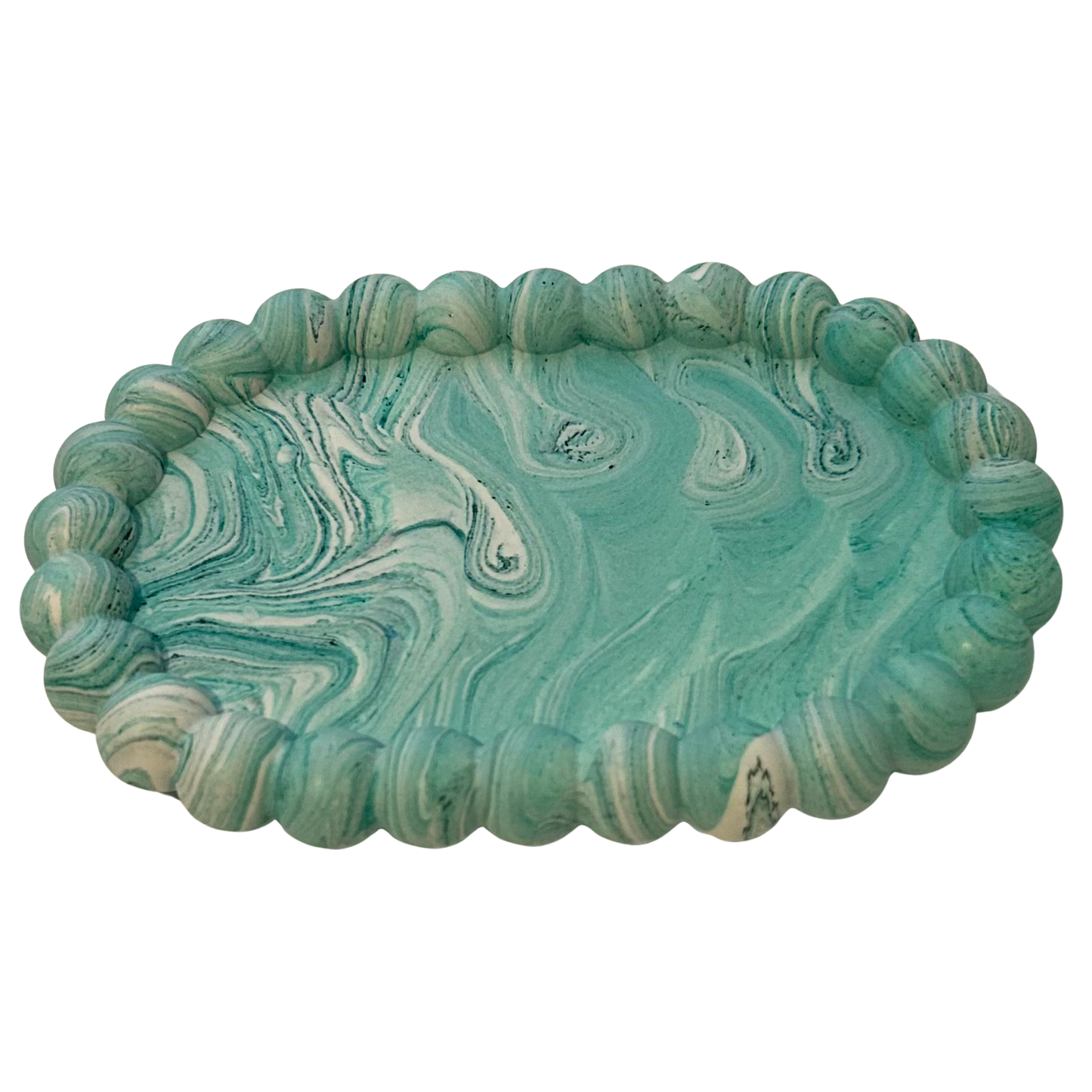 Marble-patterned green tray with green and white swirled design on a white background