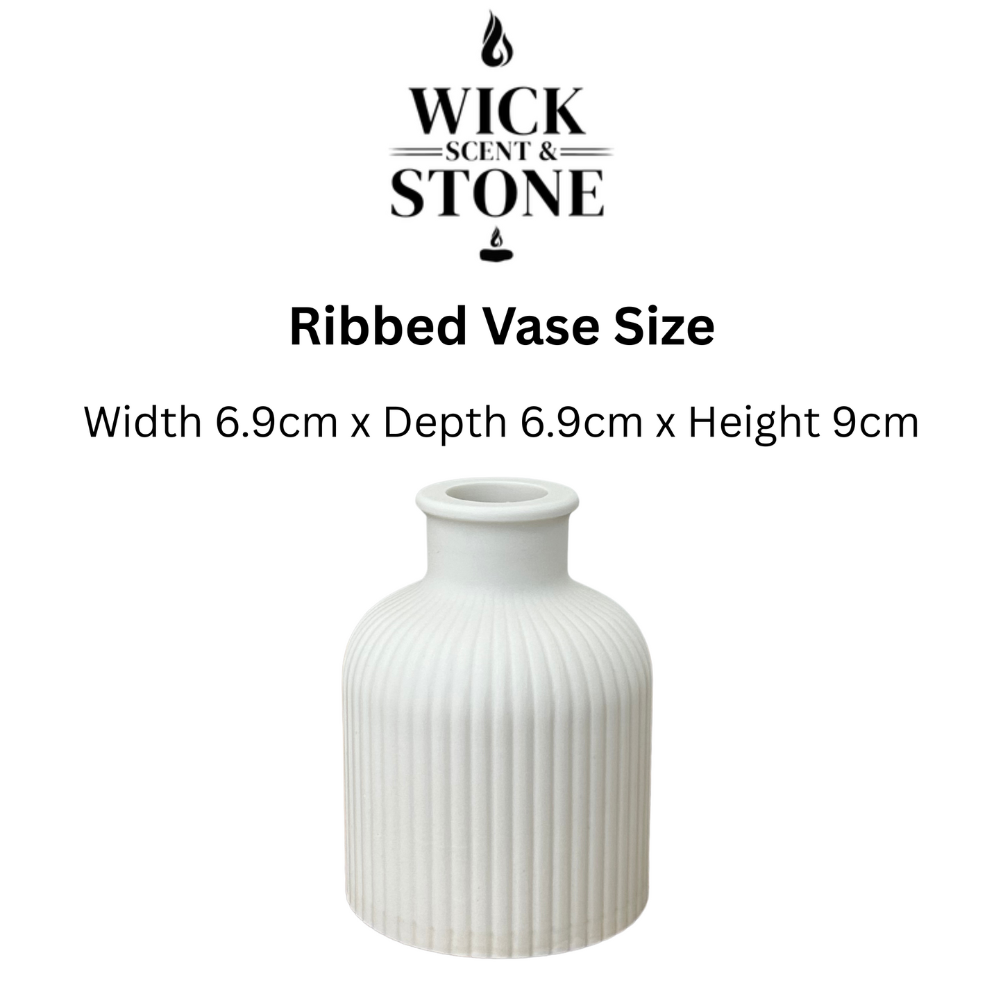 White ribbed vase with dimensions and Wick Scent & Stone branding on a white background
