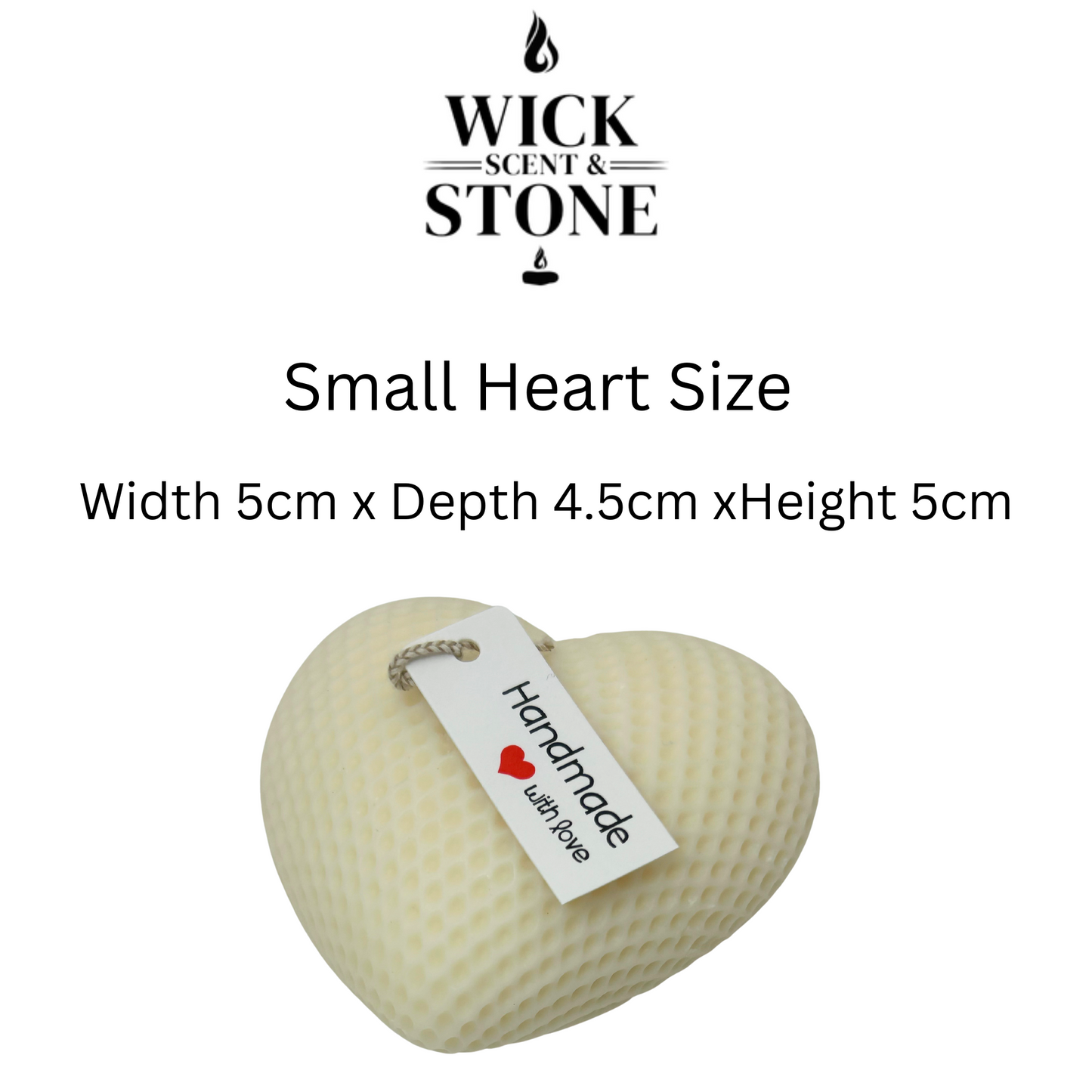 Heart-shaped product with a tag labeled 'Handmade with Love' by Wick Scent & Stone on a white background.
