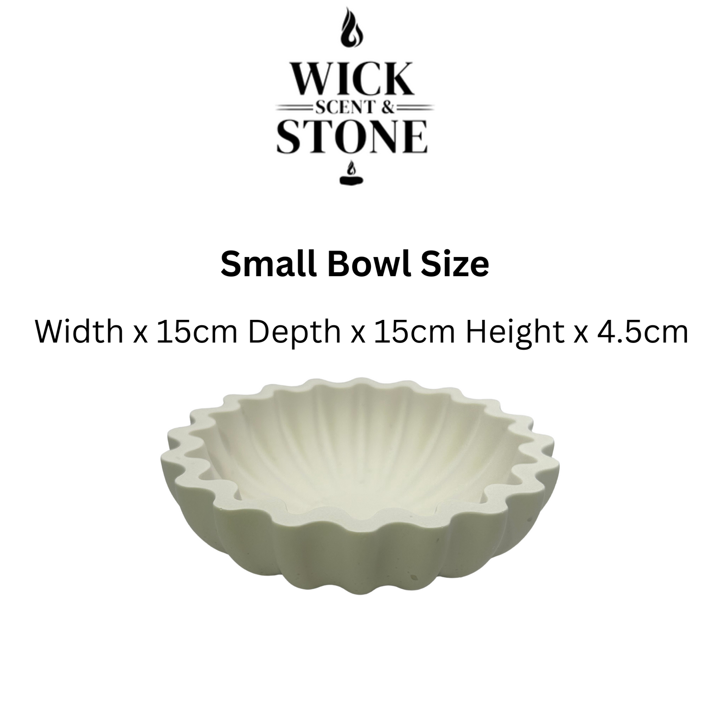 Small bowl with dimensions and Wick Scent & Stone branding on a white background