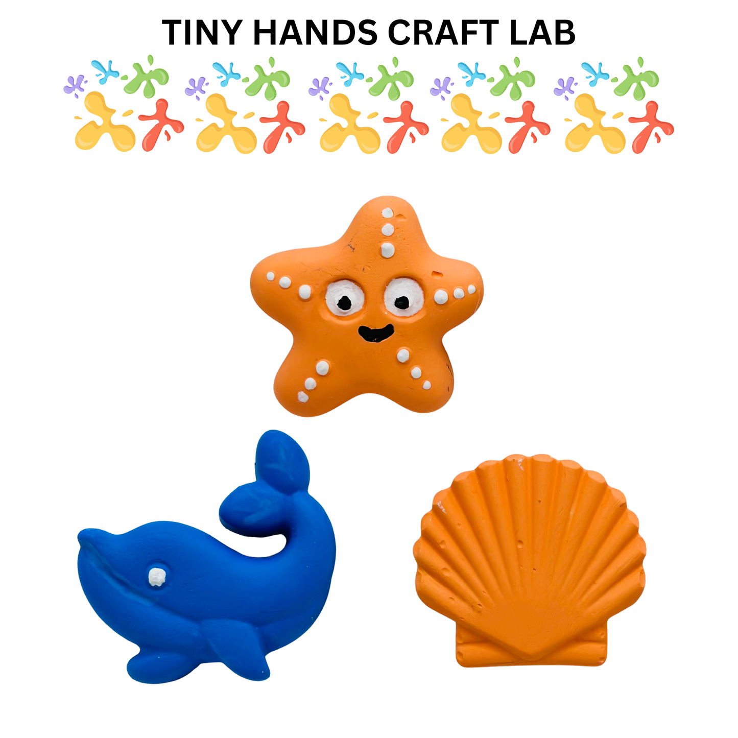 Colorful starfish, dolphin, and shell toys with 'Tiny Hands Craft Lab' branding.