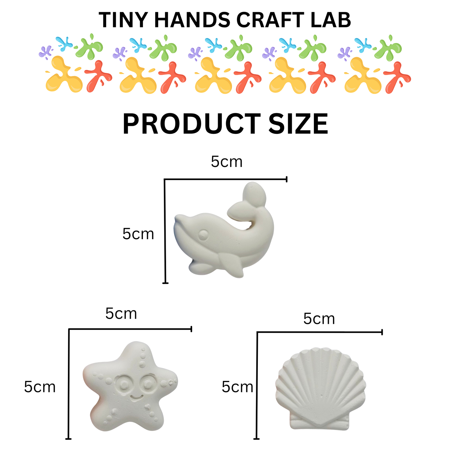 Product size chart for Tiny Hands Craft Lab with measurements and examples of craft items.
