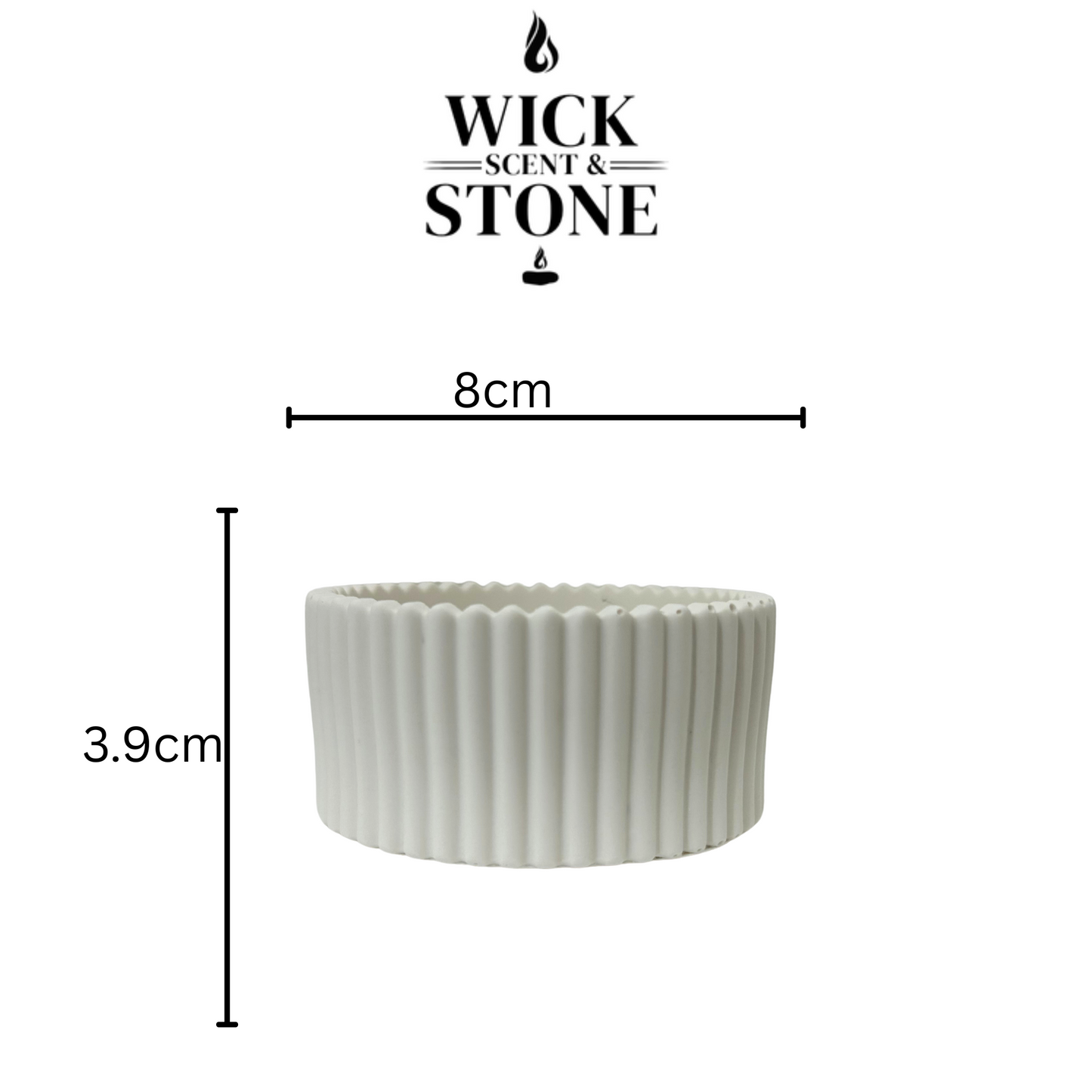 White ribbed candle holder with dimensions labeled and 'Wick Scent & Stone' branding.