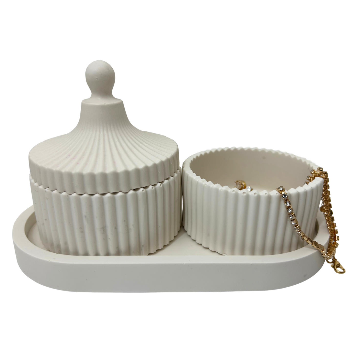 White jesmonite jewelry set with a lid and tray on a white background