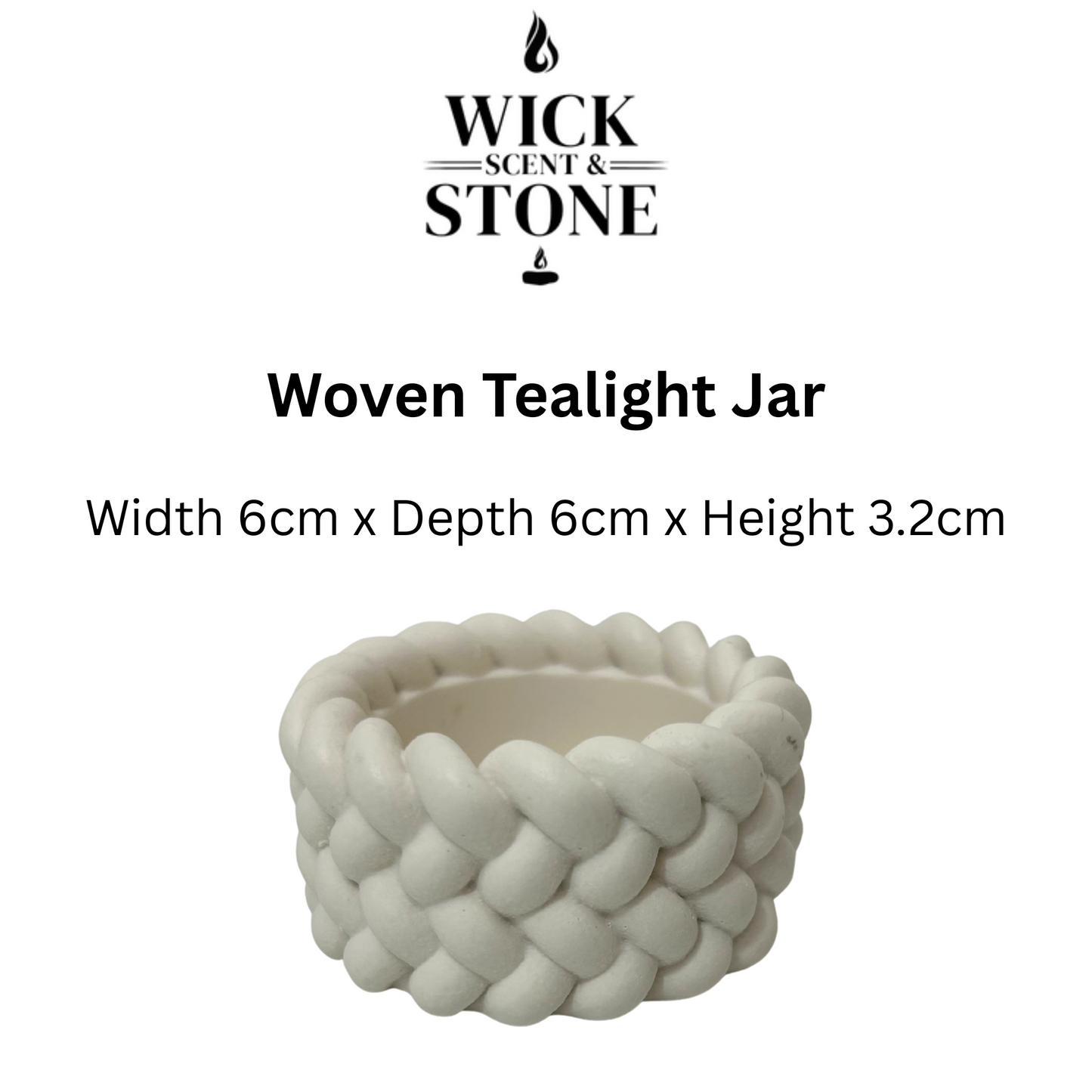Woven tealight jar with dimensions and Wick Scent Stone branding on a white background