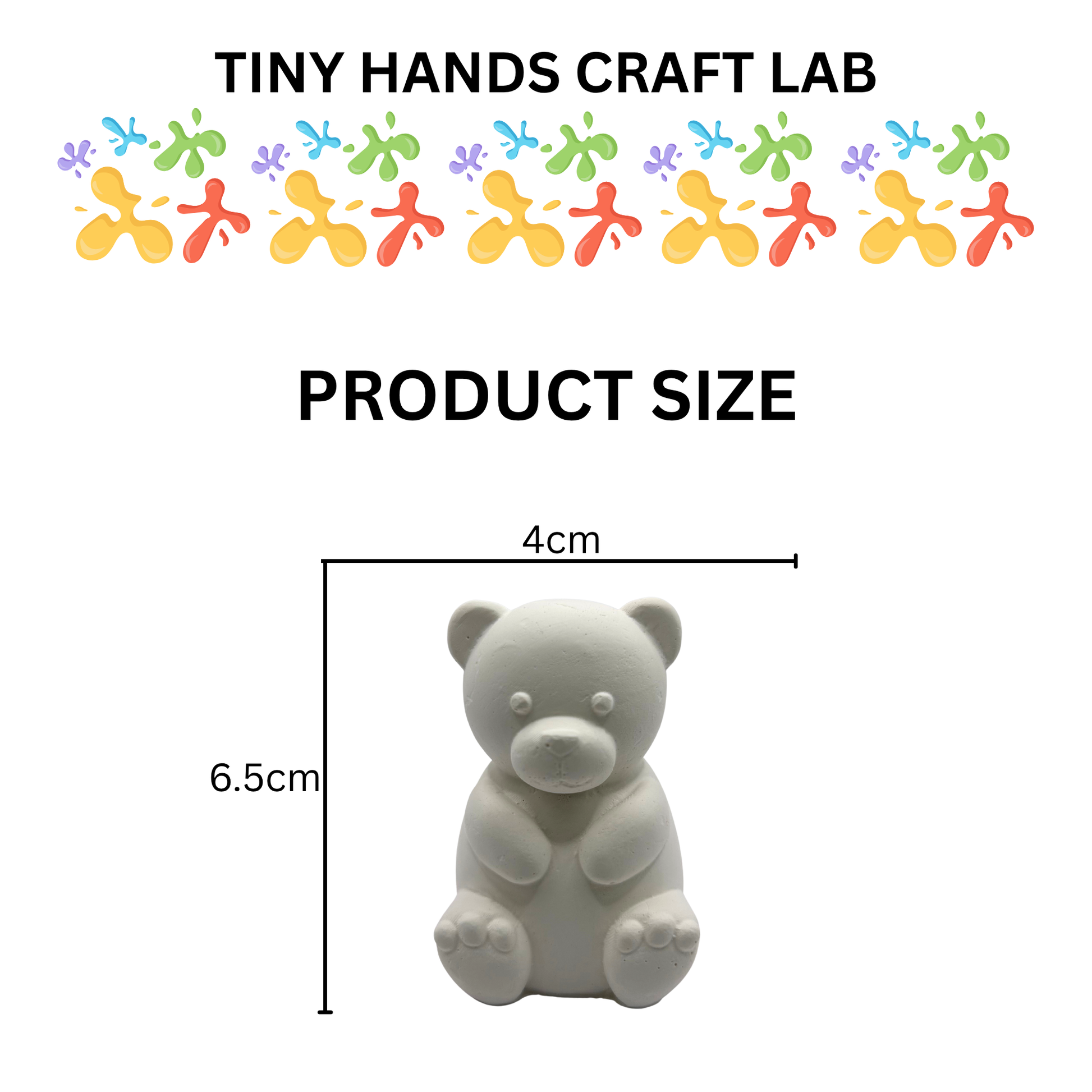 Product size measurement of a bear-shaped item with 'Tiny Hands Craft Lab' branding above.