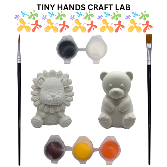 Craft supplies including lion and bear figurines, paintbrushes, and paint containers with Tiny Hands Craft Lab branding.