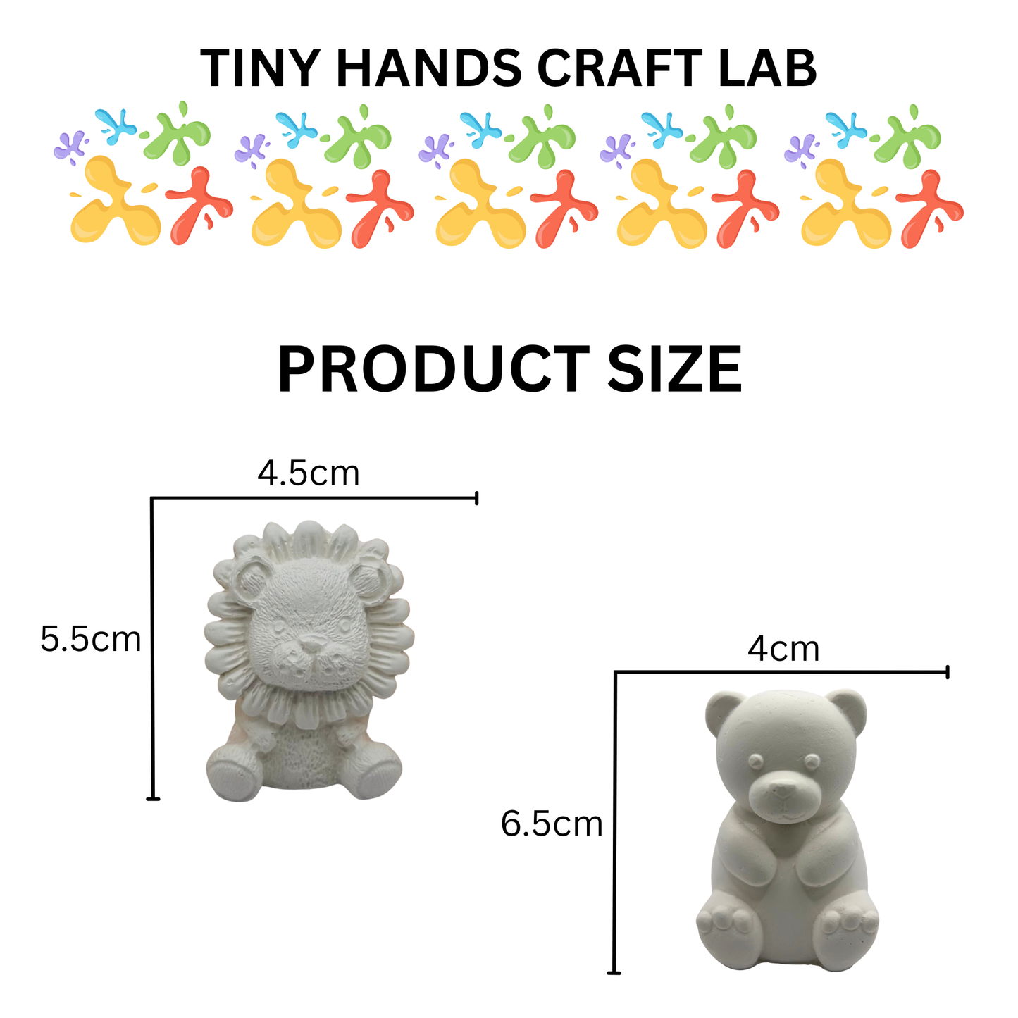 Product size chart for lion and bear figurines with 'Tiny Hands Craft Lab' branding.
