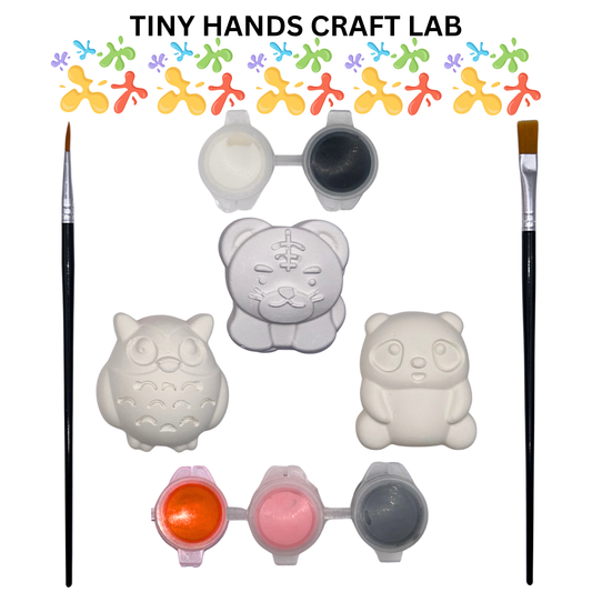 Craft supplies including paint pots, brushes, and animal-shaped molds with 'Tiny Hands Craft Lab' branding.