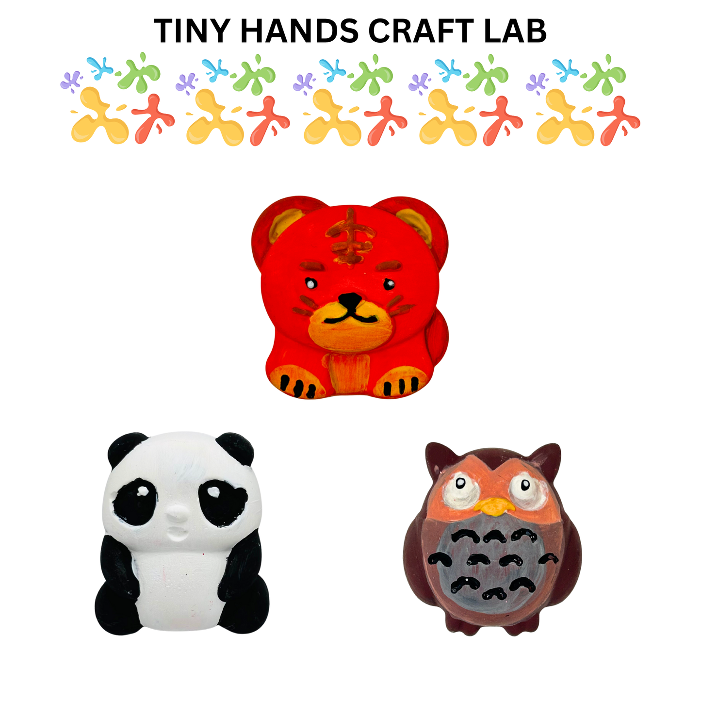Three animal-shaped toys (bear, panda, owl) with 'Tiny Hands Craft Lab' branding above them.